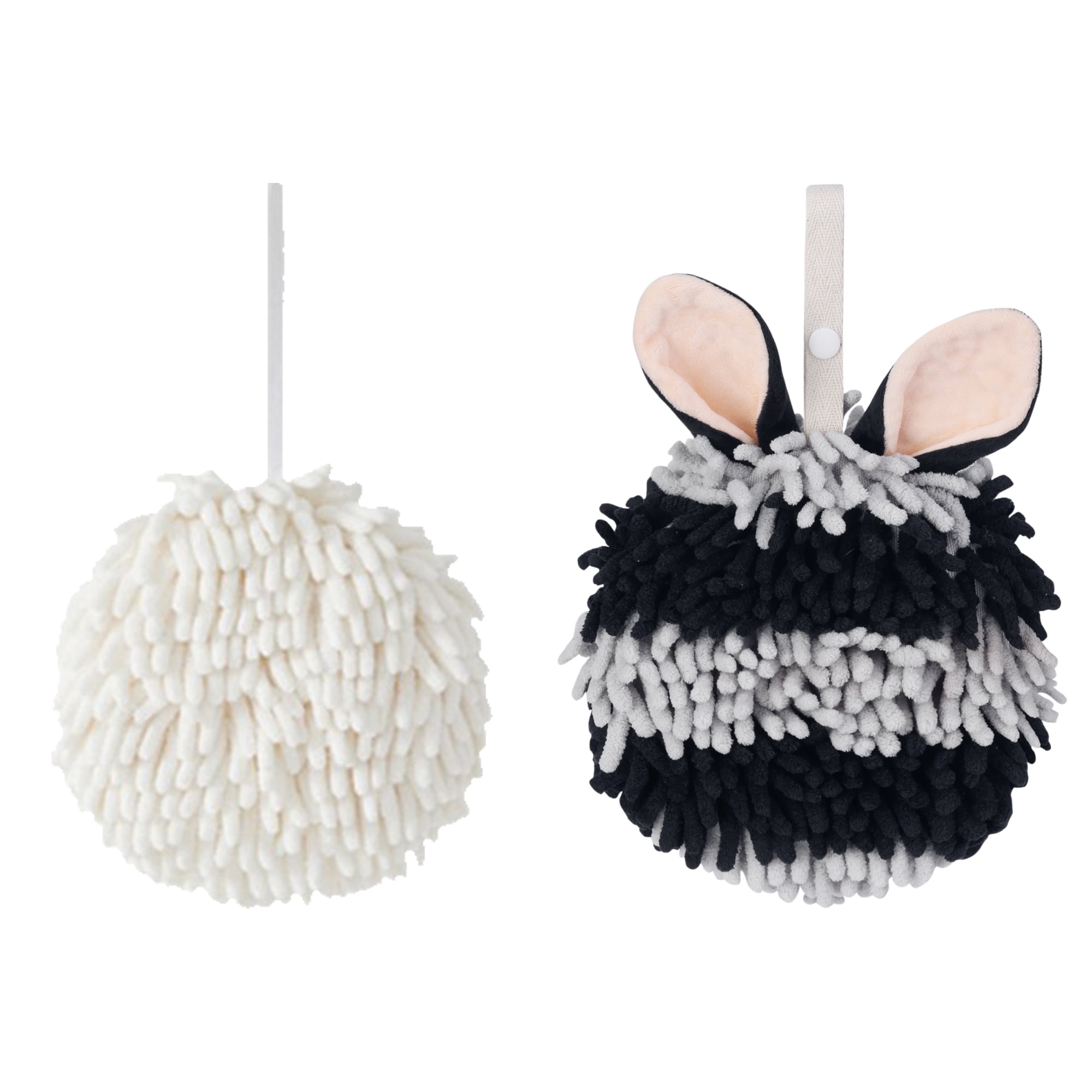 Unique Bargains Chenille Ball Fuzzy Hand Towel 2 Pcs White/Black 6" x 6"/7" x 7"