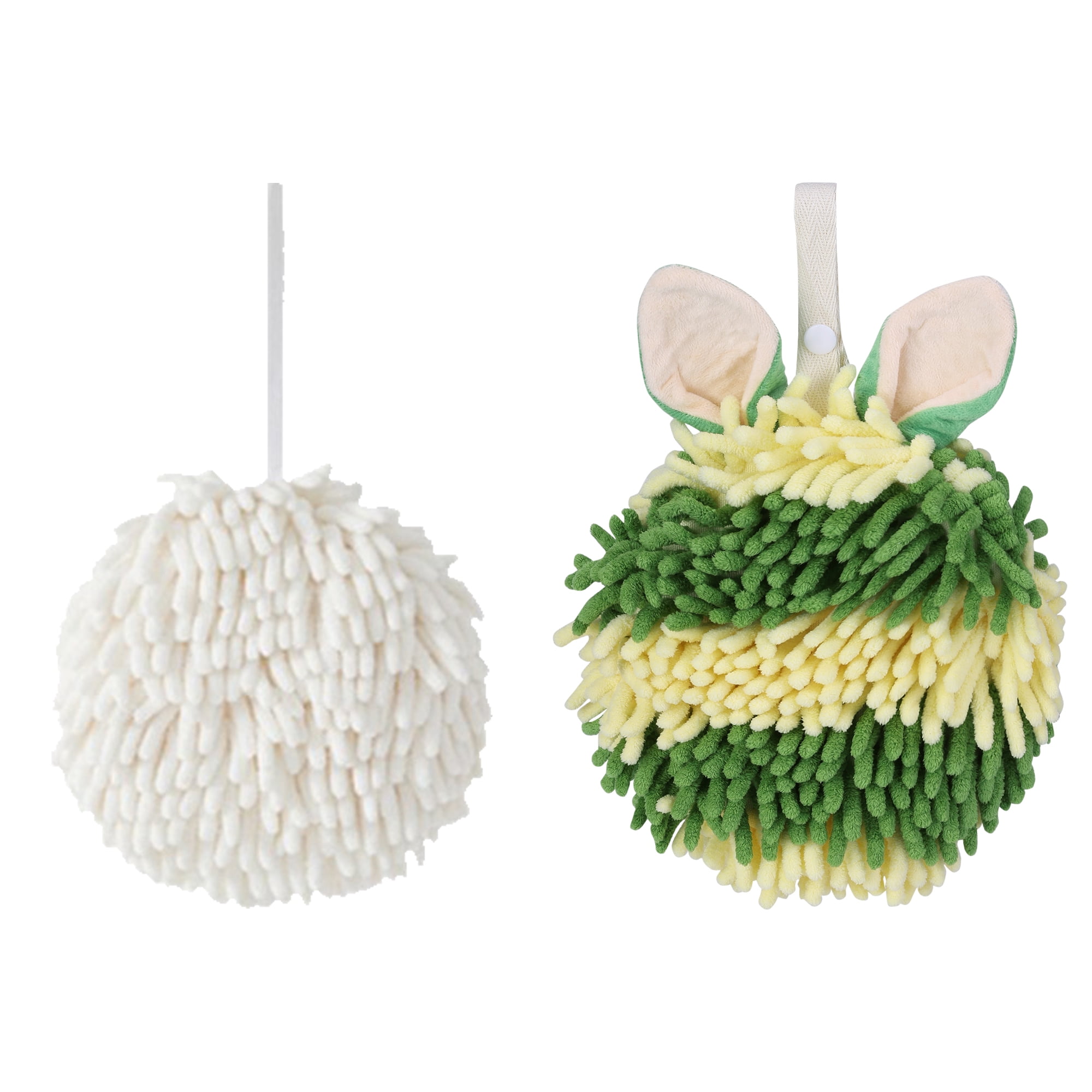 Unique Bargains Chenille Ball Fuzzy Hand Towel 2 Pcs White/Green 6" x 6"/7" x 7"