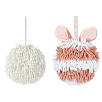 Unique Bargains Chenille Ball Fuzzy Hand Towel 2 Pcs White/Pink 6" x 6"/7" x 7"