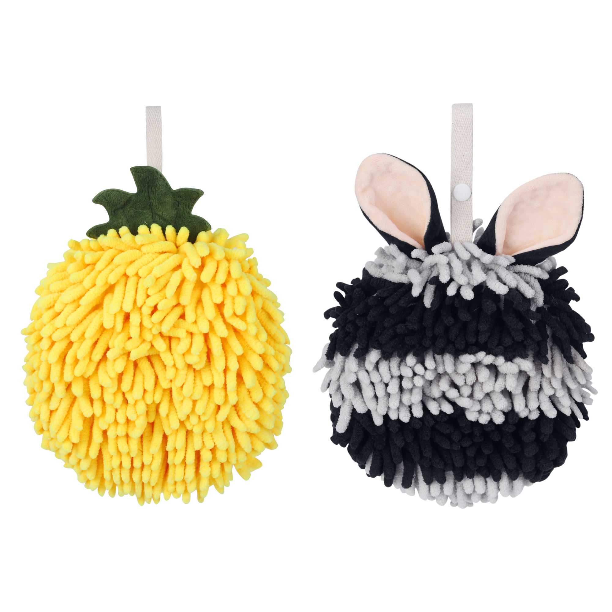 Unique Bargains Chenille Ball Fuzzy Hand Towel 2 Pcs Yellow/Black 6" x 6"/7" x 7"
