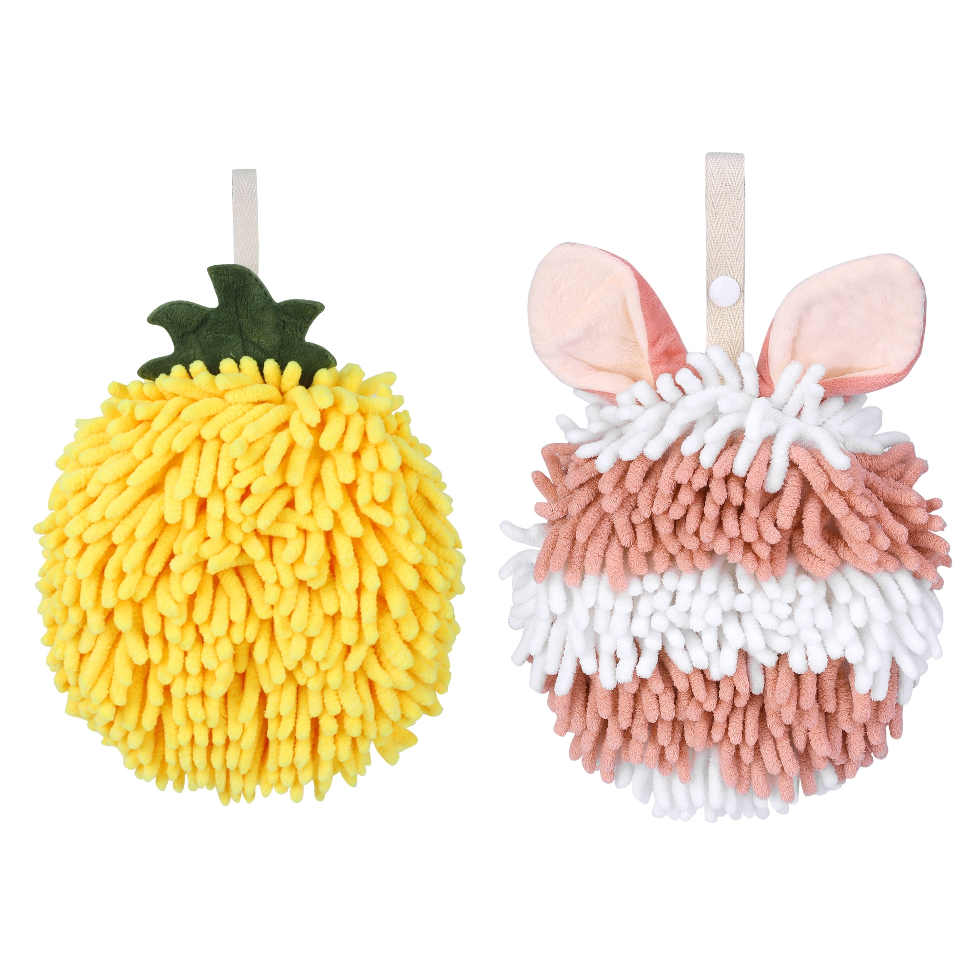 Unique Bargains Chenille Ball Fuzzy Hand Towel 2 Pcs Yellow/Pink 6" x 6"/7" x 7"