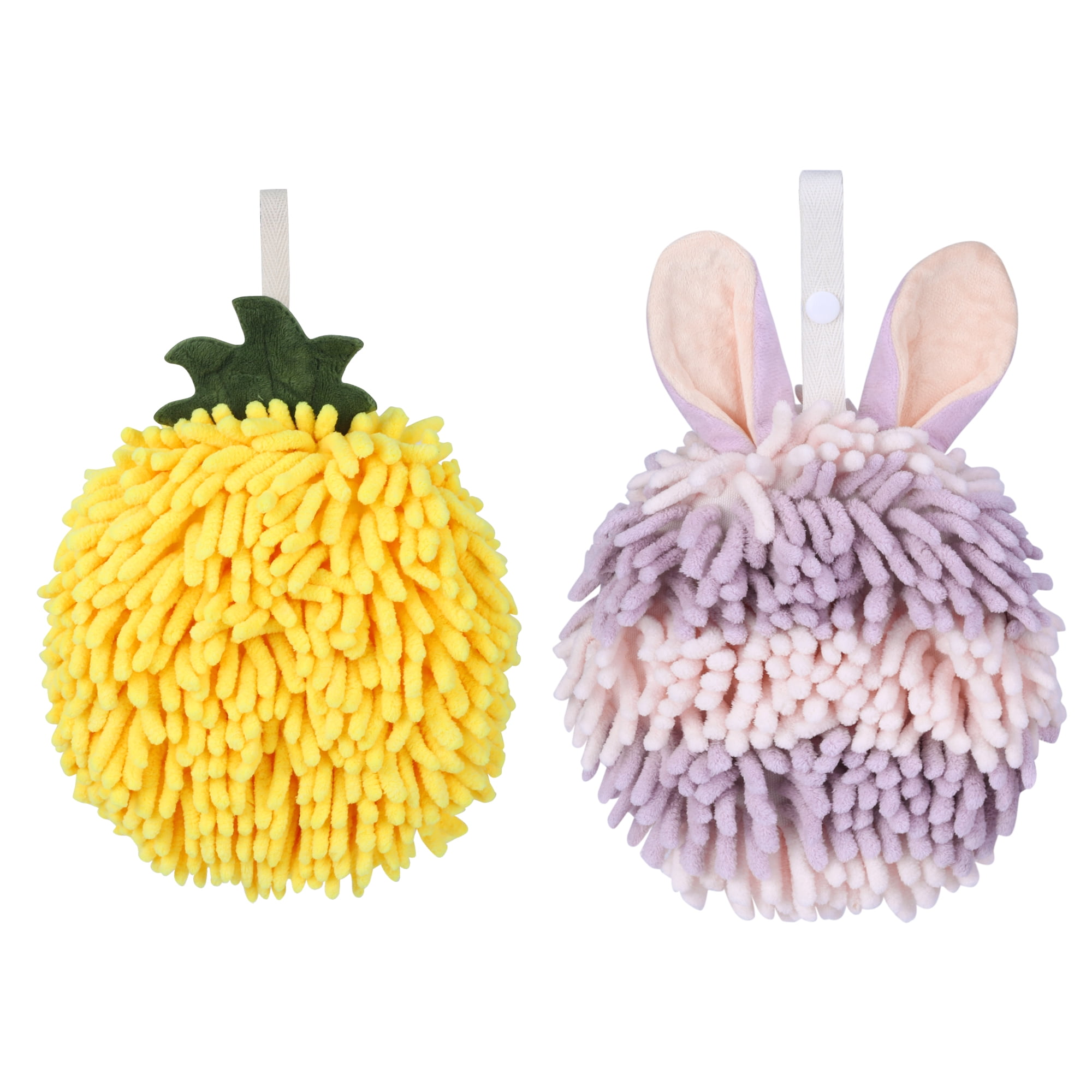 Unique Bargains Chenille Ball Fuzzy Hand Towel 2 Pcs Yellow/Purple 6" x 6"/7" x 7"