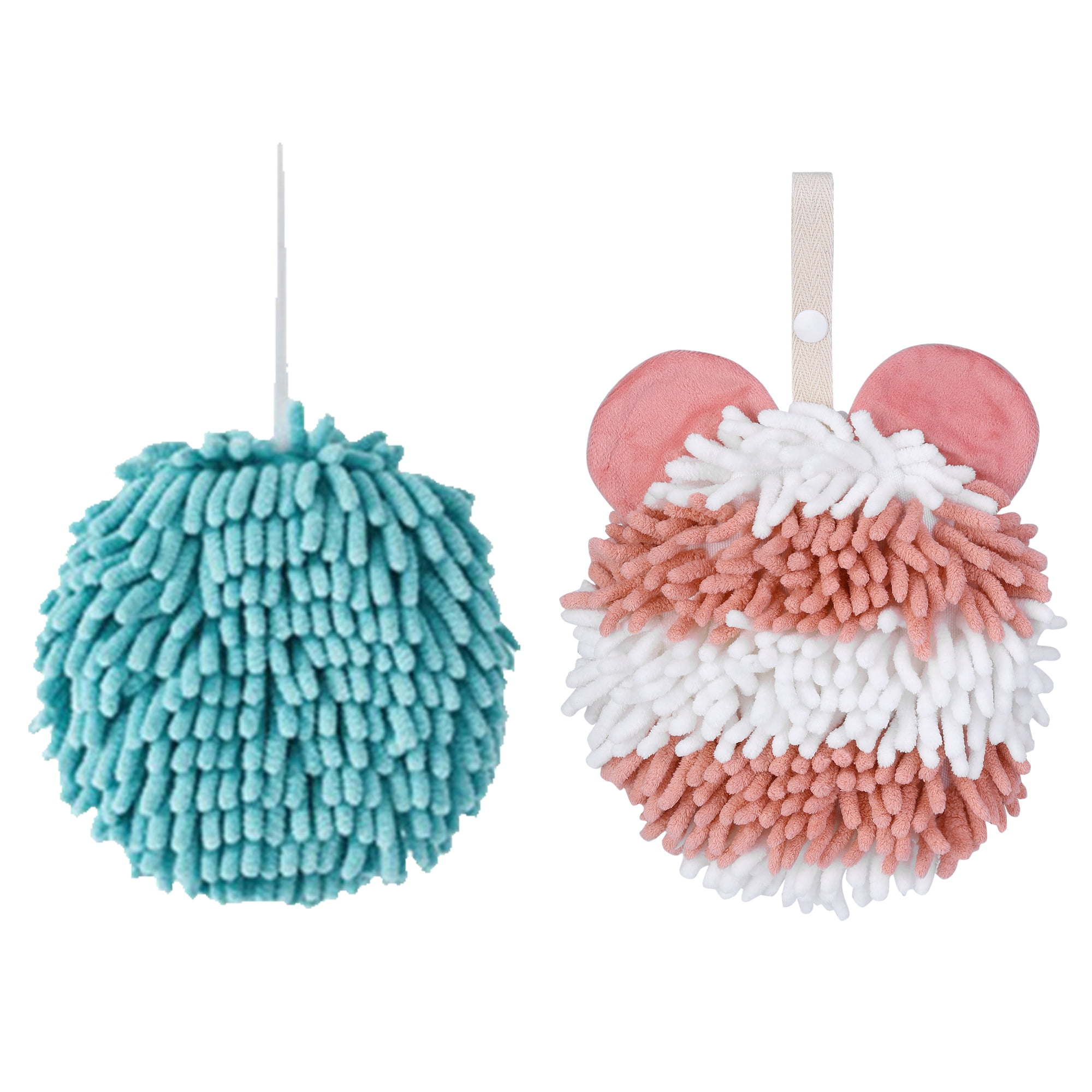 Unique Bargains Chenille Ball Hand Towel 2 Pcs Blue/Pink 6" x 6"/7" x 7"