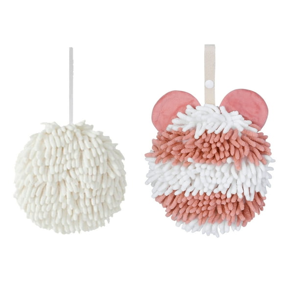 Unique Bargains Chenille Ball Hand Towel 2 Pcs White/Pink 6" x 6"/7" x 7"