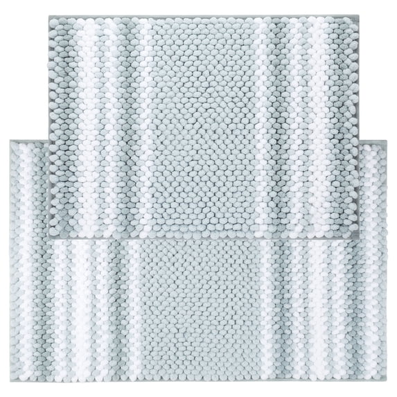 Unique Bargains Chenille Bathroom Rug Set of 2 Soft Fluffy Striped Bath Mat Light Cyan 17x24" & 20x32"
