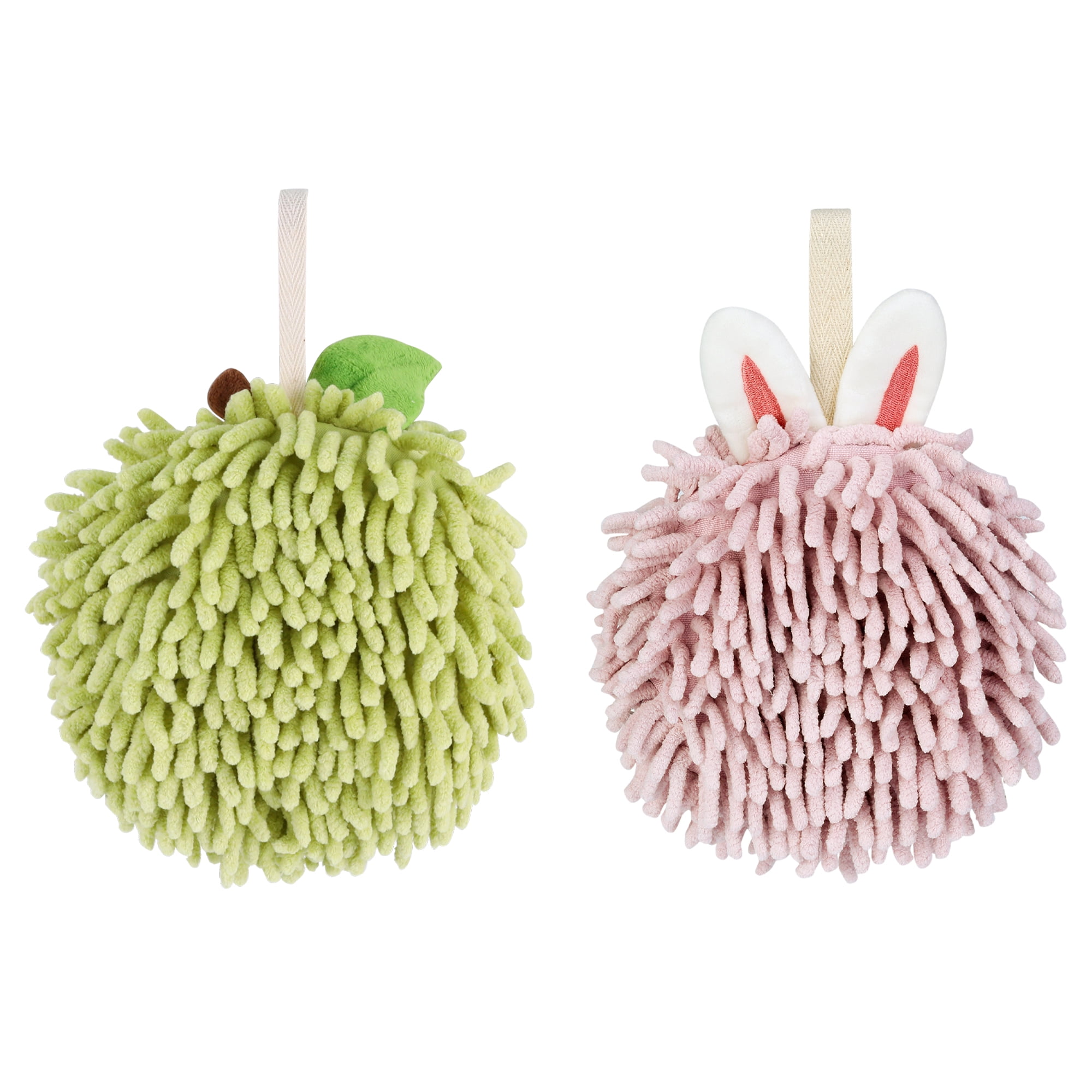 Unique Bargains Chenille Fuzzy Hand Towels 2 Pcs Green/Light Pink 6" x 6"/7" x 7"