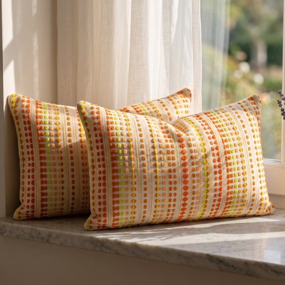 Unique Bargains Chenille Geometric Throw Pillow Covers 2 Pc Striped Cases Yellow 20"x12"