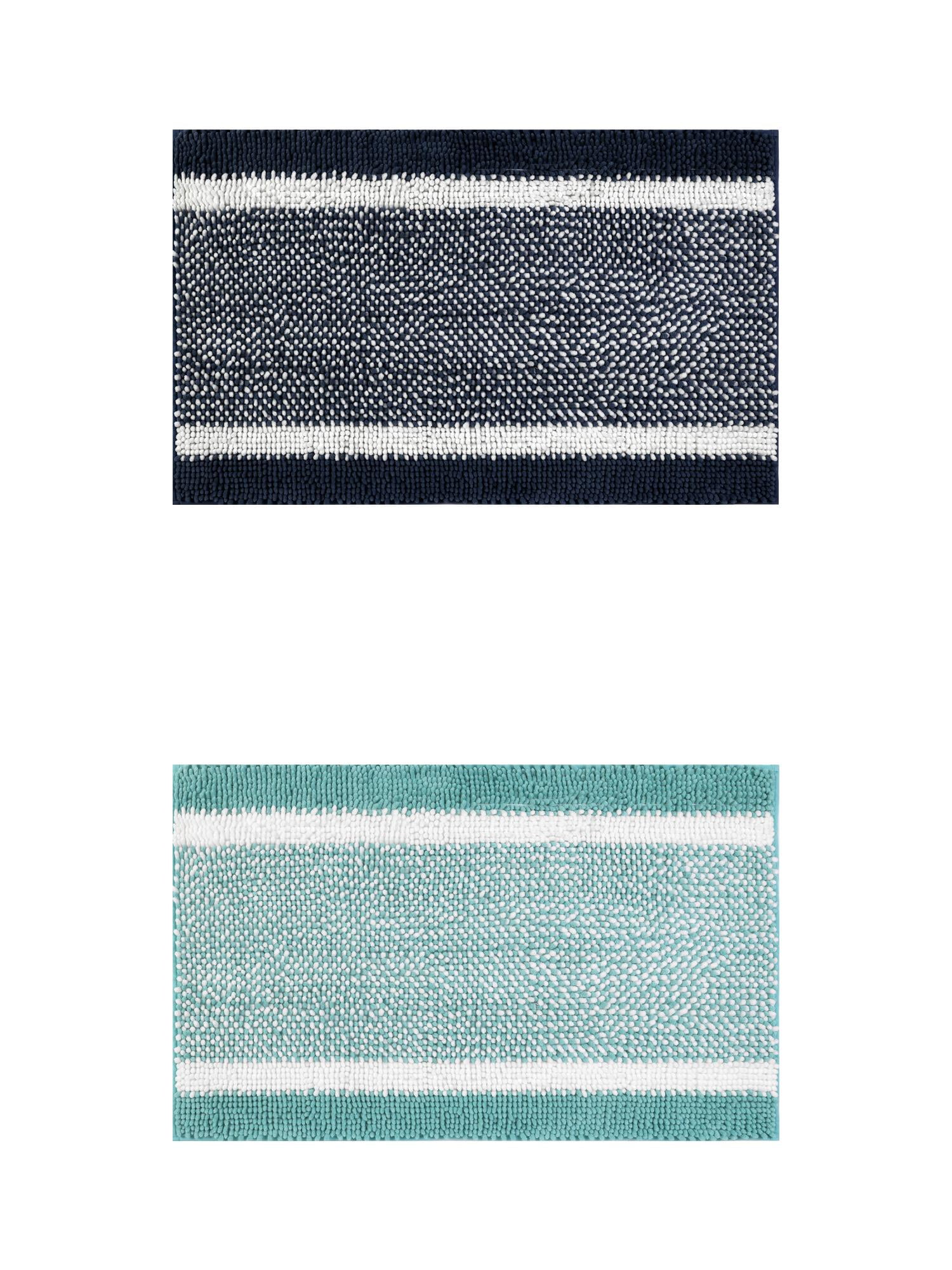 Unique Bargains Chenille Striped Bath Mats 2 Pcs Non-Slip Soft Plush Shaggy Bathroom Rugs  Blue/Green 16" x 24"