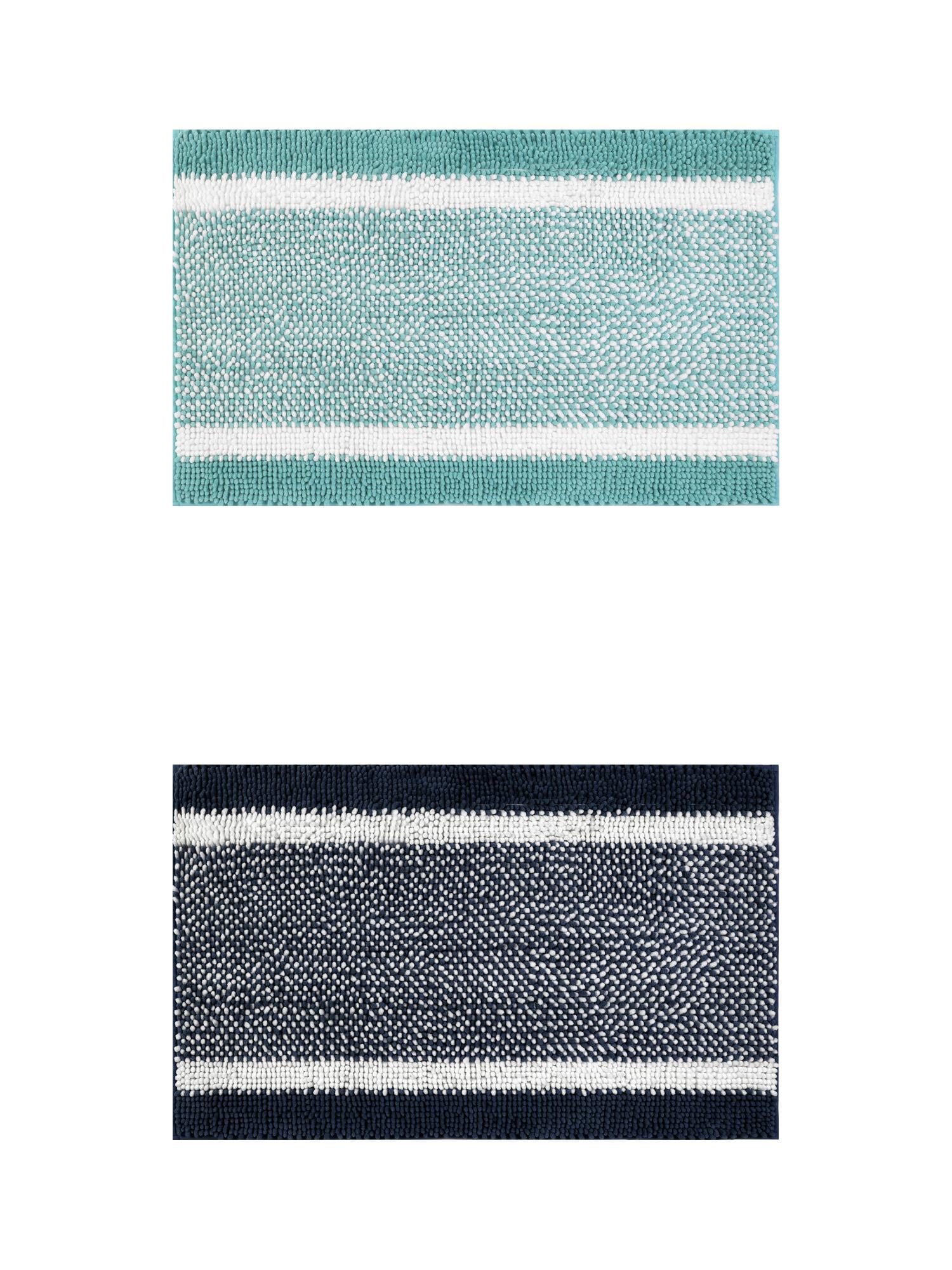Unique Bargains Chenille Striped Bath Mats 2 Pcs Non-Slip Soft Plush Shaggy Bathroom Rugs  Blue/Green 20" x 32"