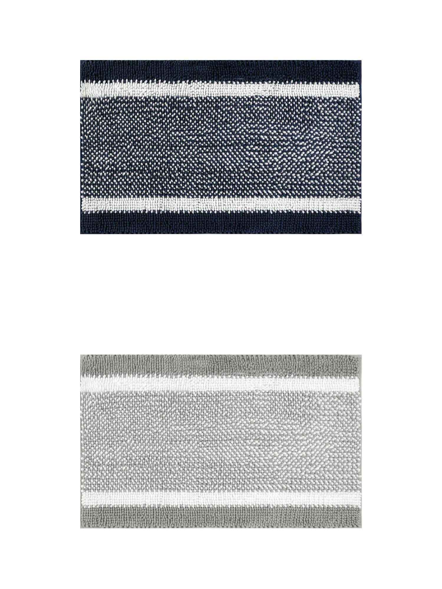 Unique Bargains Chenille Striped Bath Mats 2 Pcs Non-Slip Soft Plush Shaggy Bathroom Rugs  Blue/Grey 20" x 32"