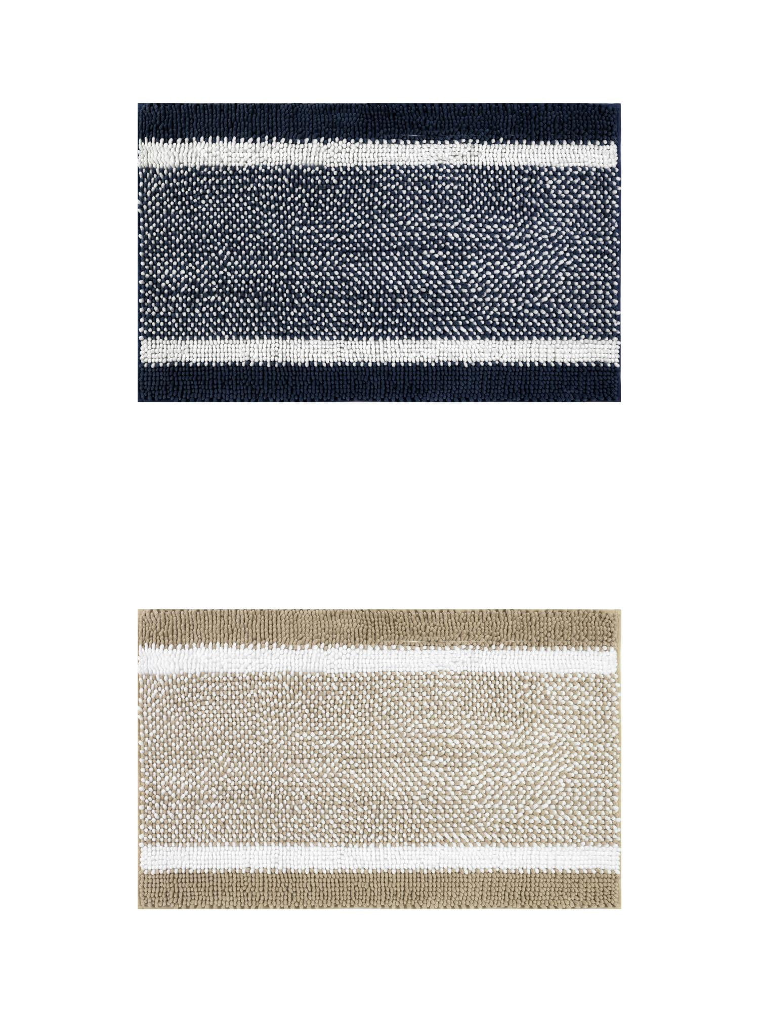 Unique Bargains Chenille Striped Bath Mats 2 Pcs Non-Slip Soft Plush Shaggy Bathroom Rugs  Blue/Khaki 20" x 32"