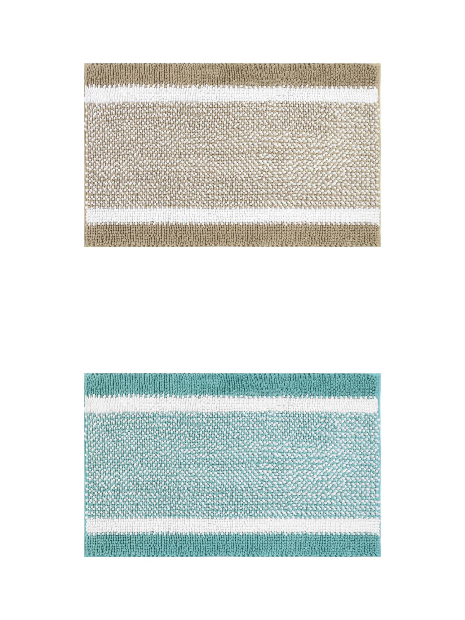 Unique Bargains Chenille Striped Bath Mats 2 Pcs Non-Slip Soft Plush Shaggy Bathroom Rugs  Green/Khaki 16" x 24"