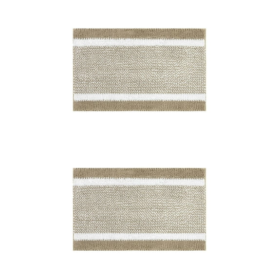 Unique Bargains Chenille Striped Bath Mats 2 Pcs Non-Slip Soft Plush Shaggy Bathroom Rugs Khaki 16" x 24"