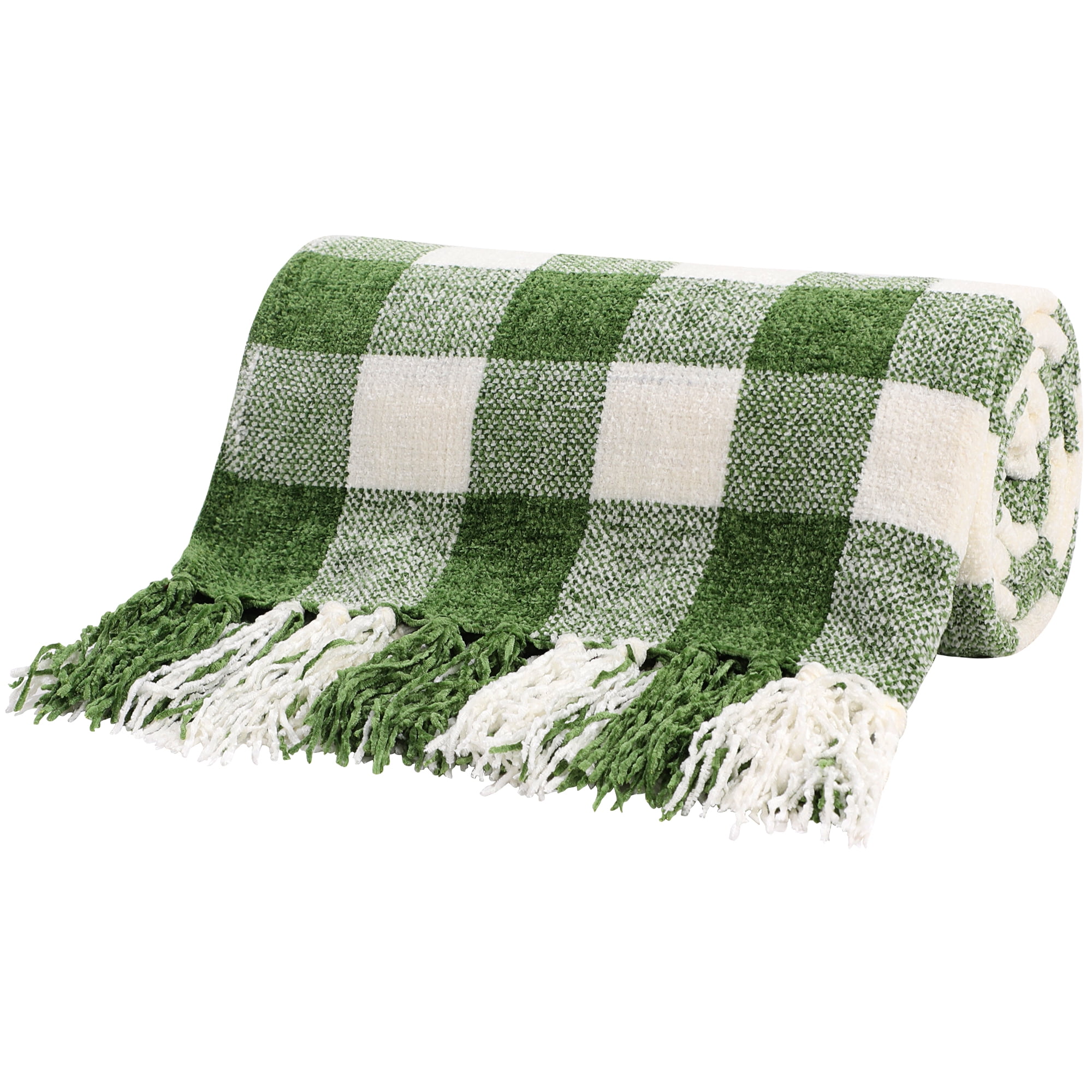 Unique Bargains Chenille Throw Blankets Soft Plaid Fern Green and White, Throw