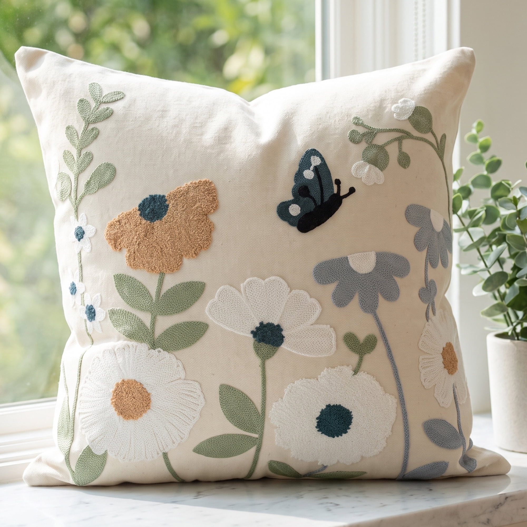 Unique Bargains Chic Floral Embroidered Throw Pillow Cover Floral Accent Blue 18"x18"
