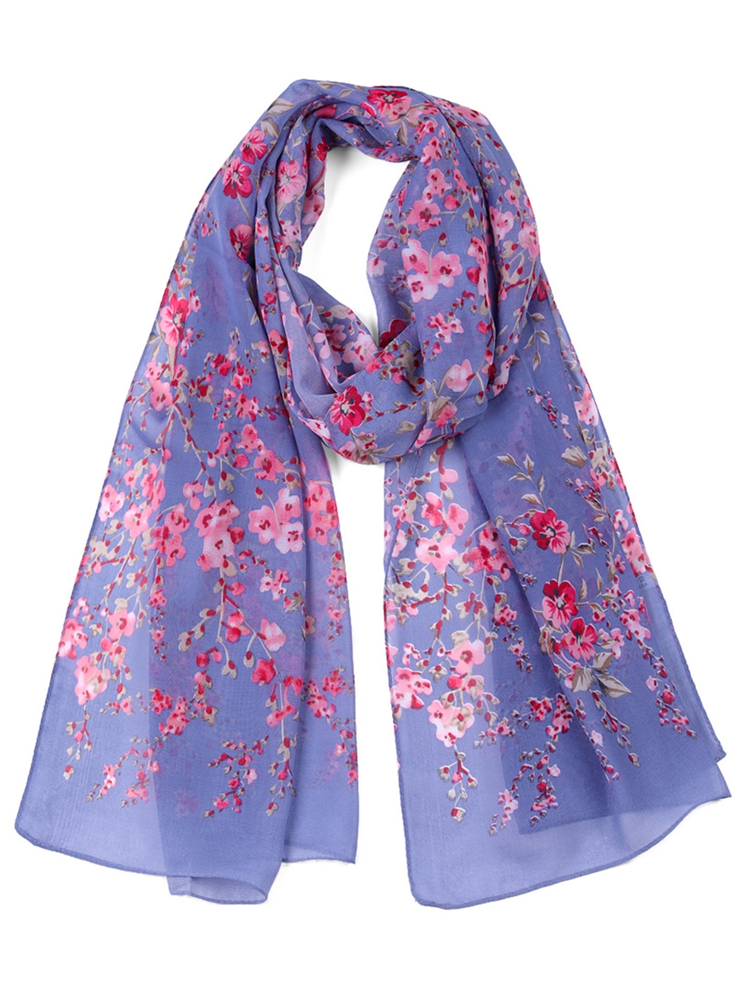 Unique Bargains Chiffon Long Chiffon Shawls Beach Scarf Silk Scarf Floral Print Scarves Denim Blue