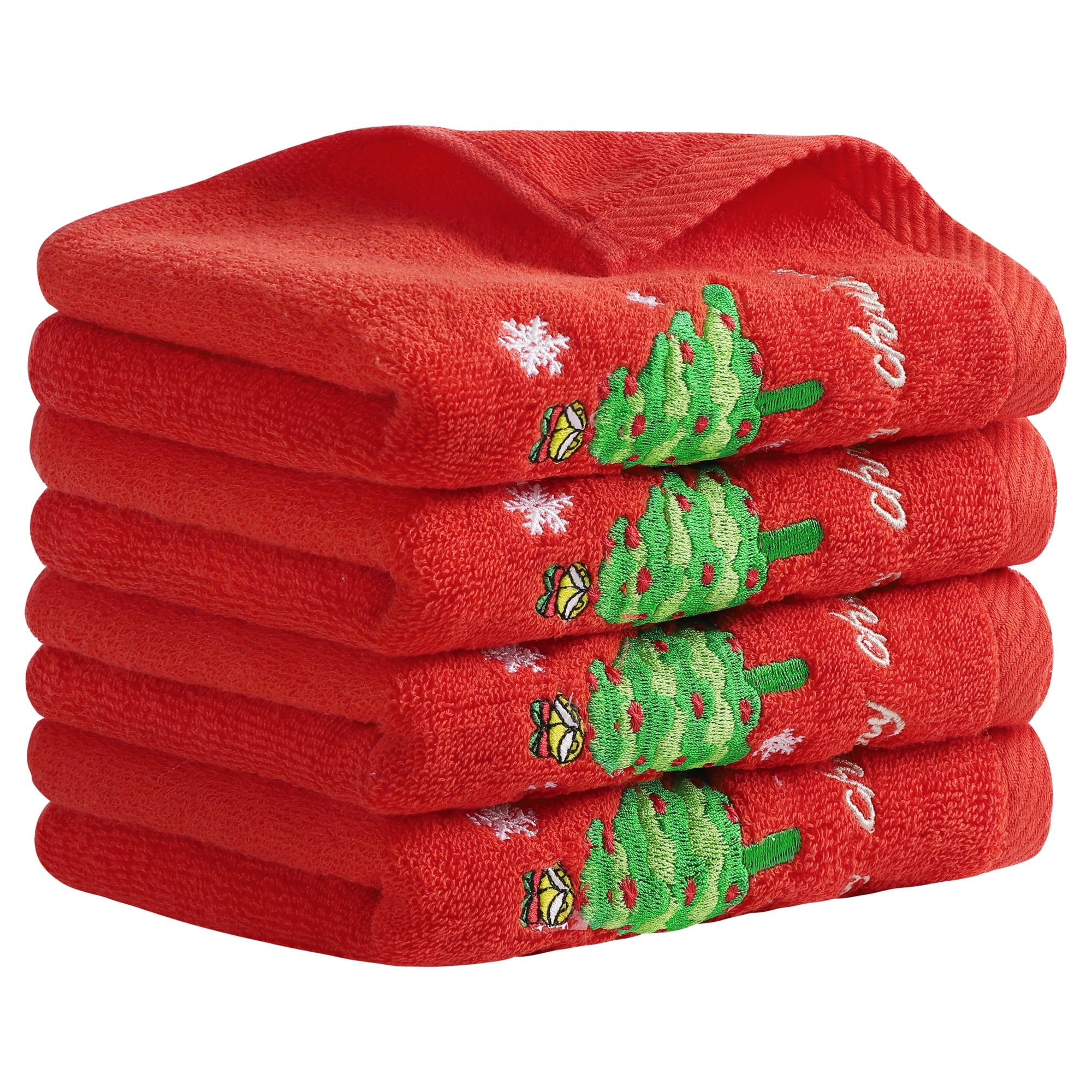 Unique Bargains Christmas Cotton Hand Towels Cute Bathroom Hand Towel Set Red 4-Piece