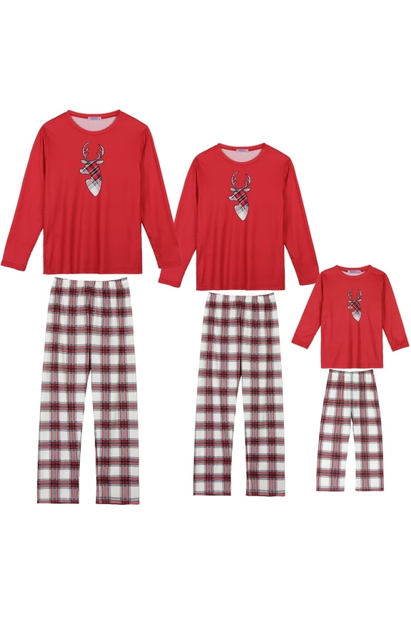 Christmas Elk Print Tops with Plaid Pants Sleepwear Family Pajama Set XS Big Boys