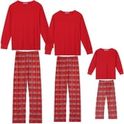 Unique Bargains Christmas Long Sleeve Solid Tops Tee with Plaid Pants Family Pajama Sets