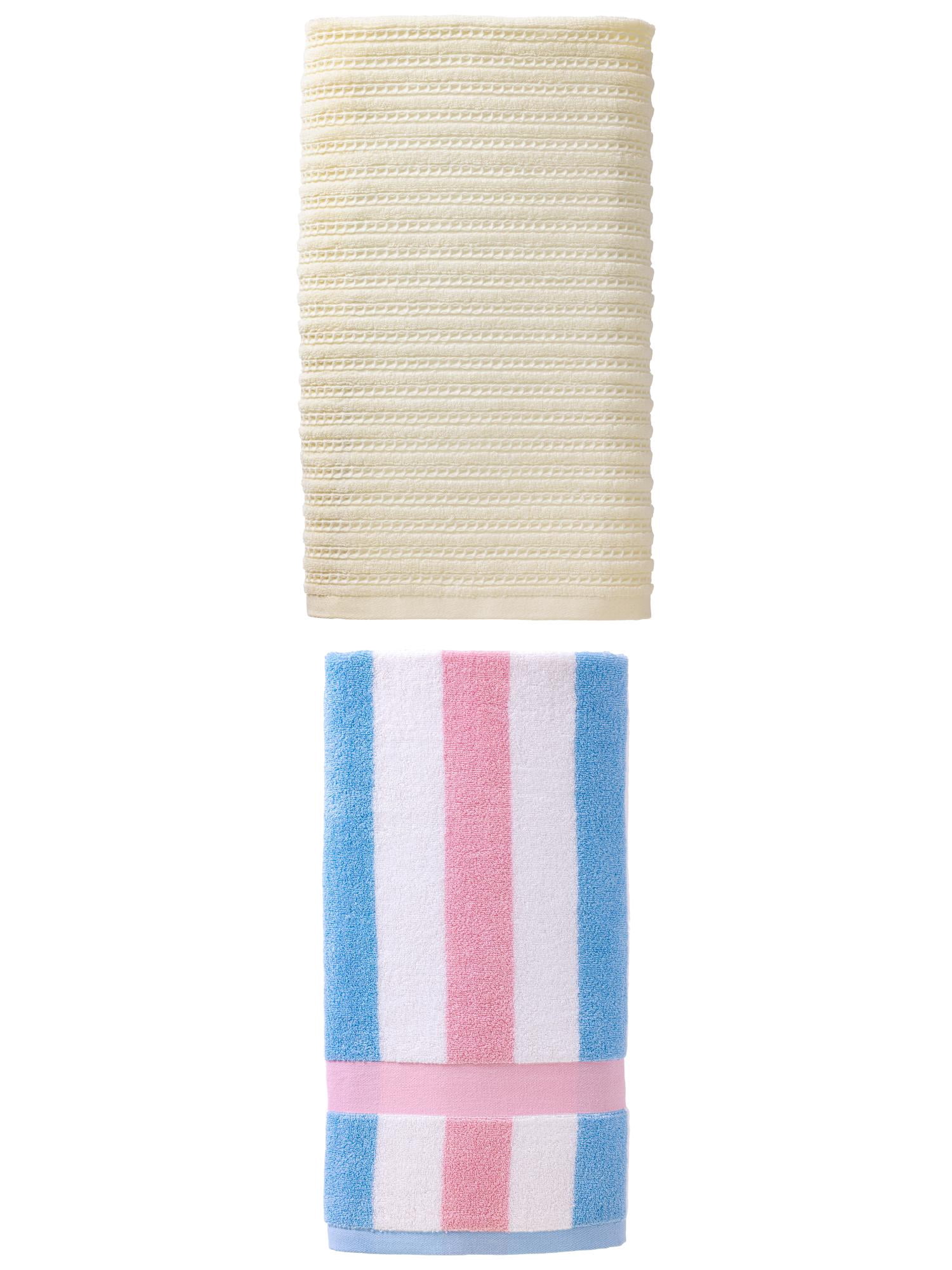 Unique Bargains 1pc White 55" x 28" 1pc Striped Pink Blue 55" x 28" Soft Towels