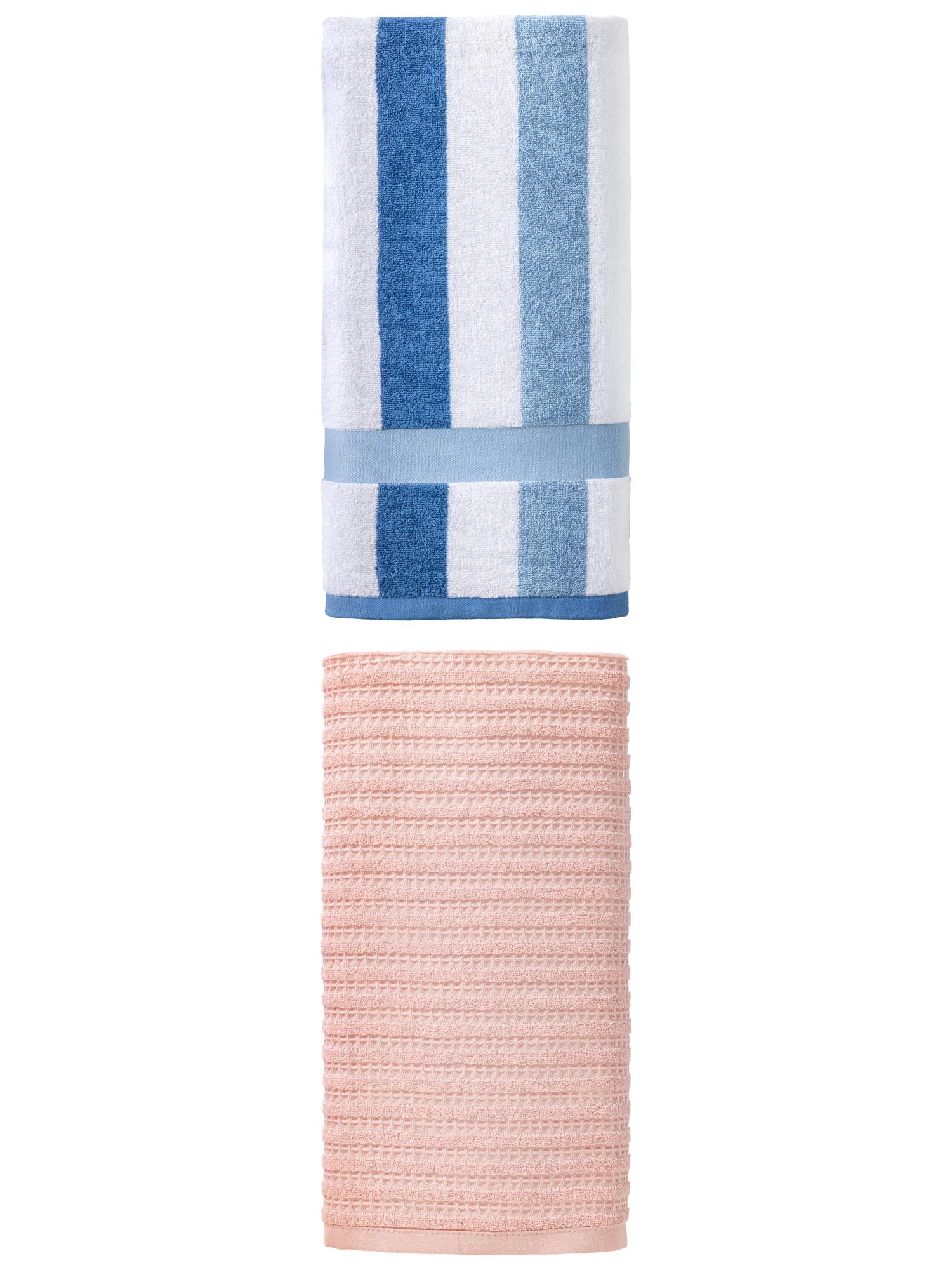 Unique Bargains Classic Bath Towel 2 Pack Pink/Striped Blue White 55" x 28"
