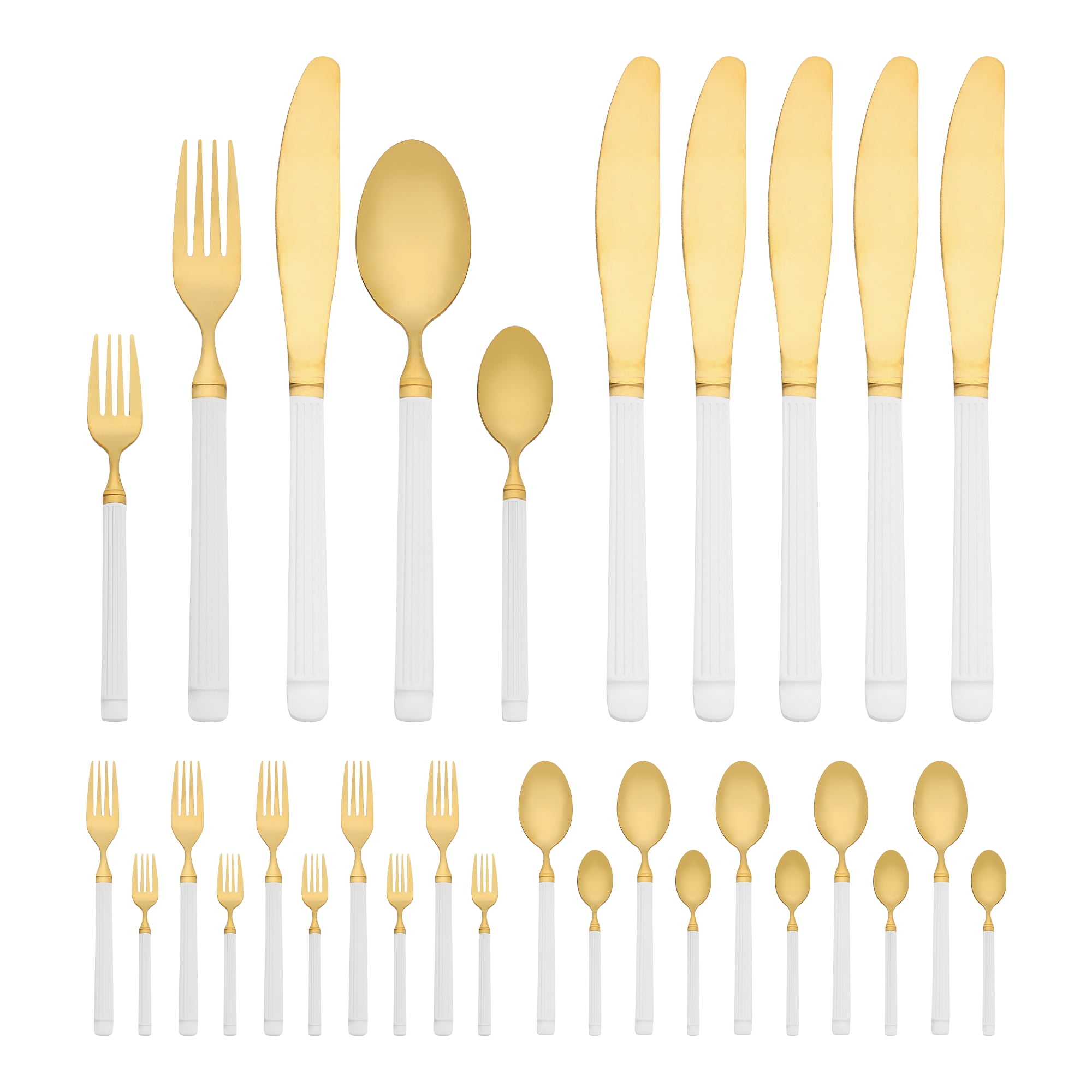 Unique Bargains Classic Mirror Polished Stainless Steel Flatware Set White Gold 30pcs