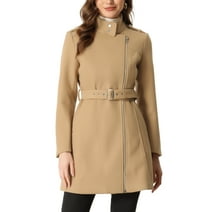 Unique Bargains Classic Stand Collar Coat for Women's Zip Up Trench Coats with Belt
