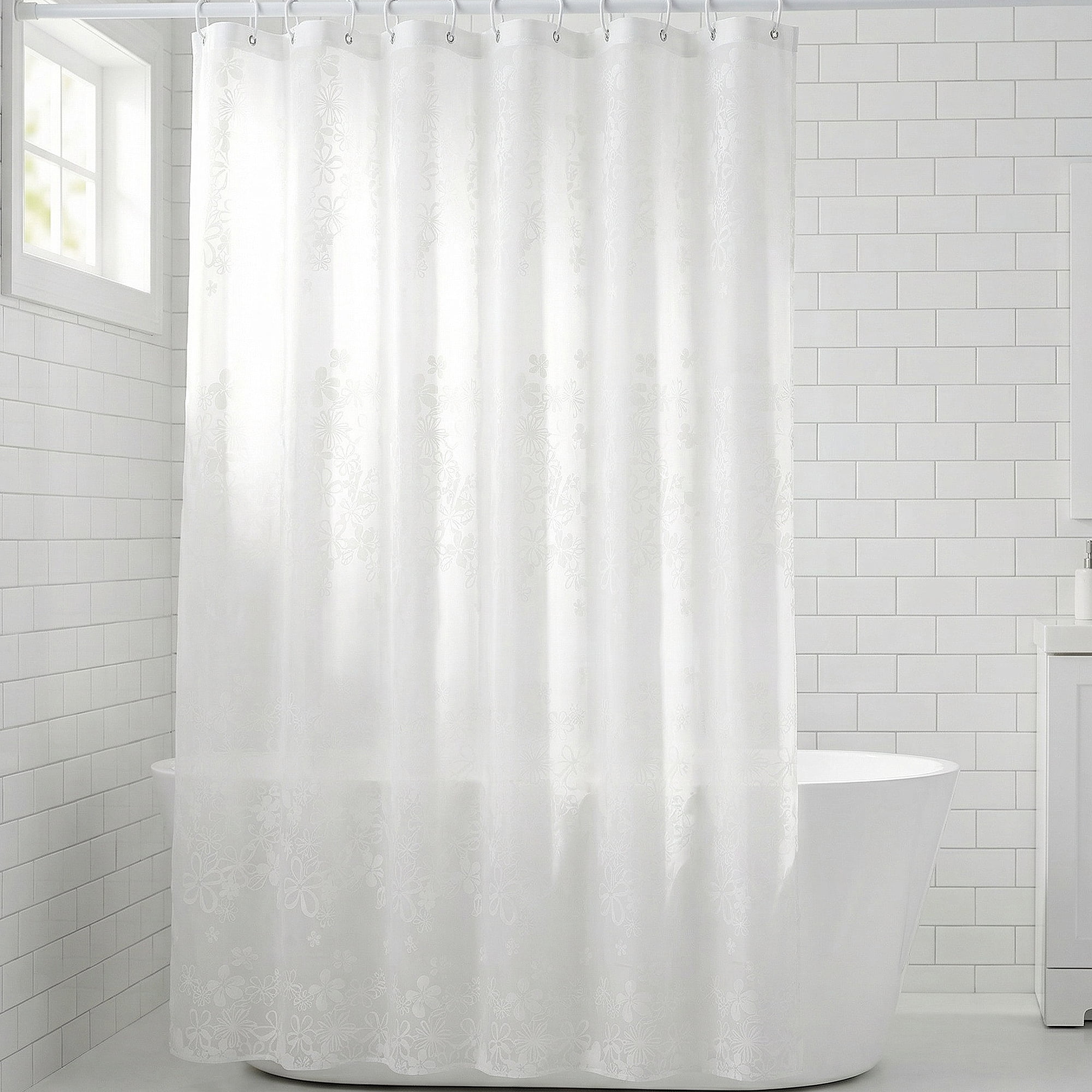 Unique Bargains Clear Shower Curtain Sets with 12 Hooks White Floral 71"W x 71"L