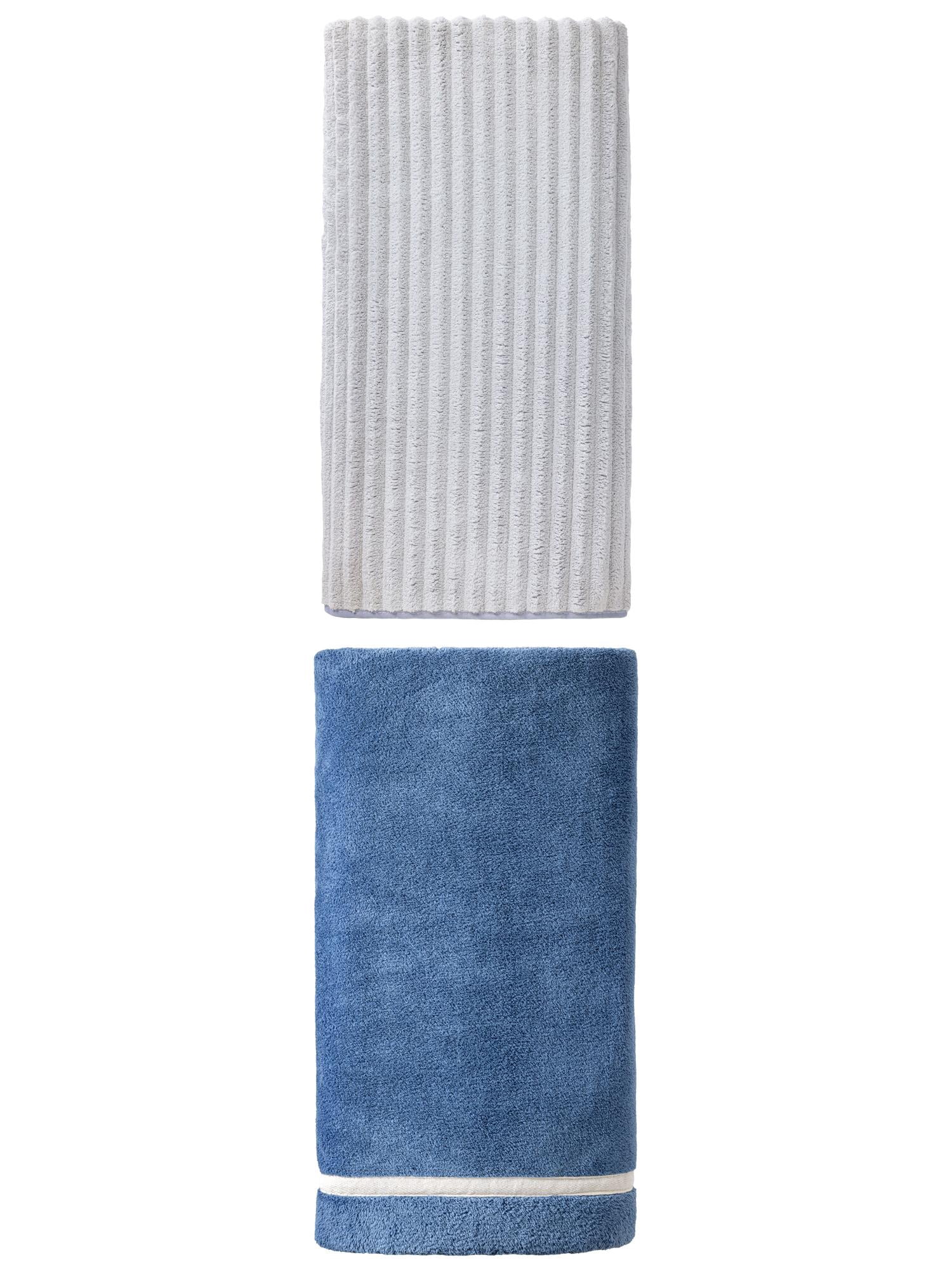 Unique Bargains Cloud-Like Soft Premium Absorbent Coral Fleece Bath Towel 2 Pack Dark Blue/Light Grey 63" x 31"/55" x 28"