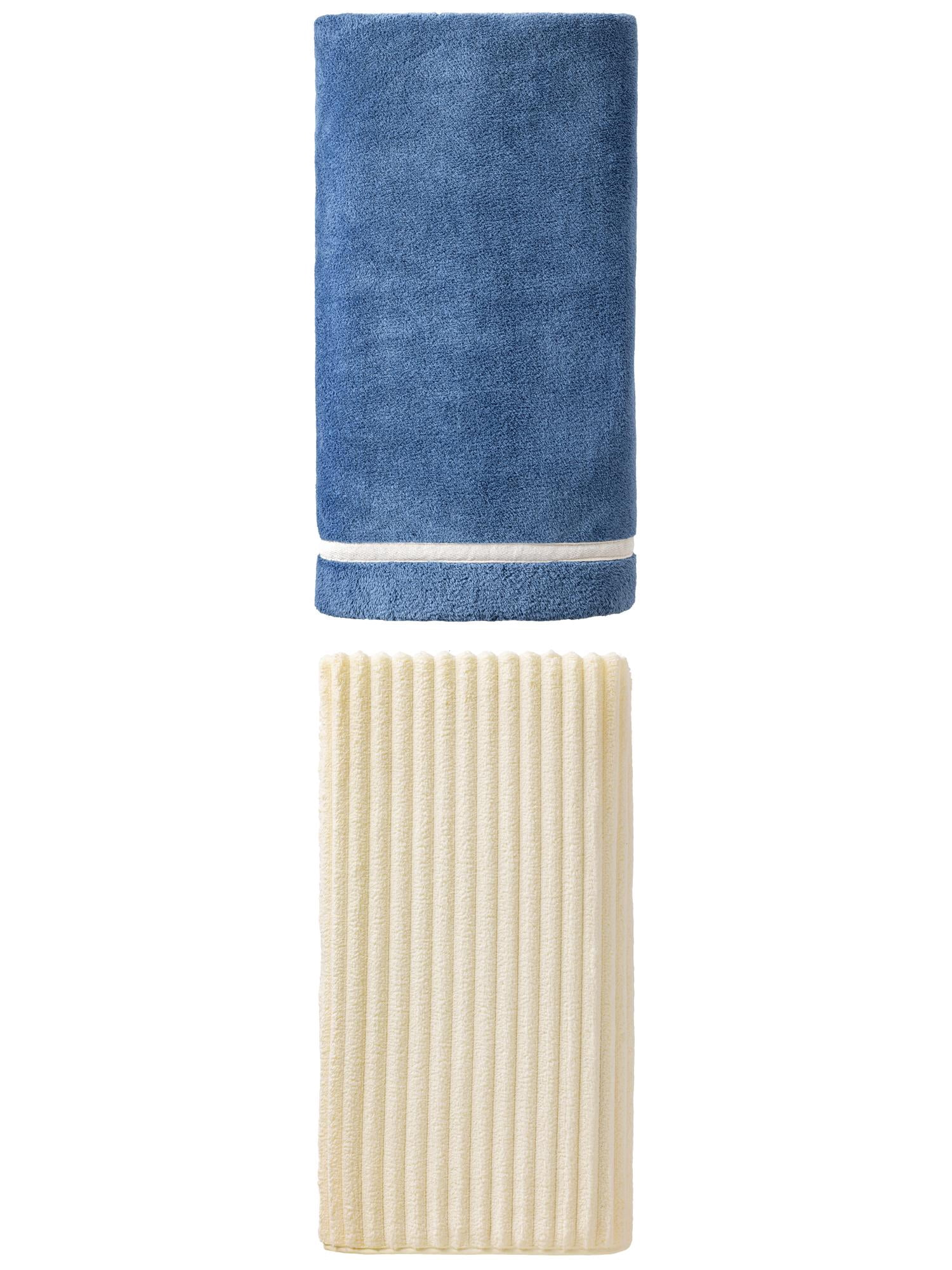 Unique Bargains Cloud-Like Soft Premium Absorbent Coral Fleece Bath Towel 2 Pack Dark Blue/Milky White 63" x 31"/55" x 28"