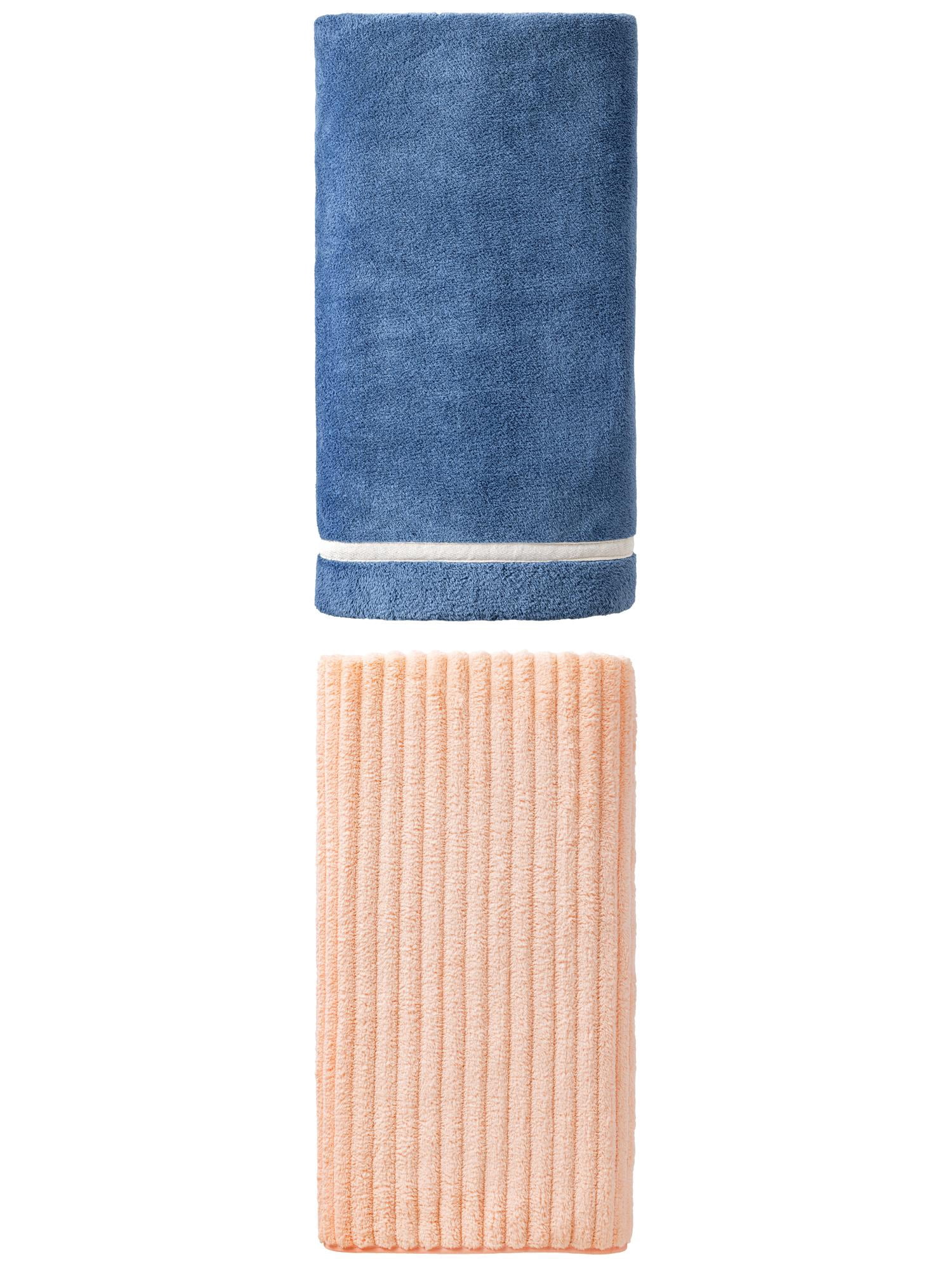 Unique Bargains Cloud-Like Soft Premium Absorbent Coral Fleece Bath Towel 2 Pack Dark Blue/Peach Pink 63" x 31"/55" x 28"