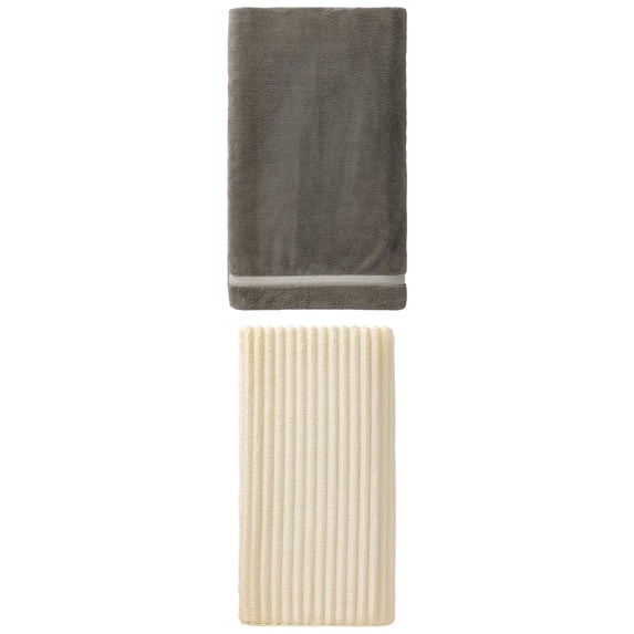 Unique Bargains Cloud-Like Soft Premium Absorbent Coral Fleece Bath Towel 2 Pack Dark Grey/Milky White 63" x 31"/55" x 28"
