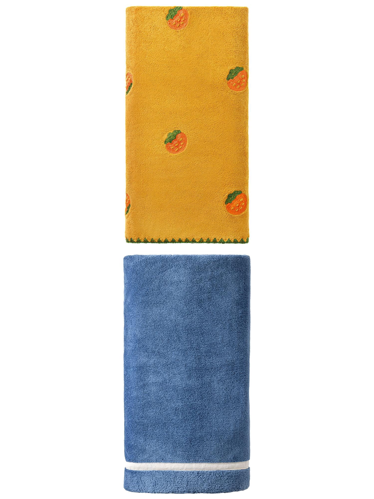 Unique Bargains Cloud-LikeCoral Fleece Bath Towel 2 Pack Dark Blue/Yellow 63"x31"/55"x 28"