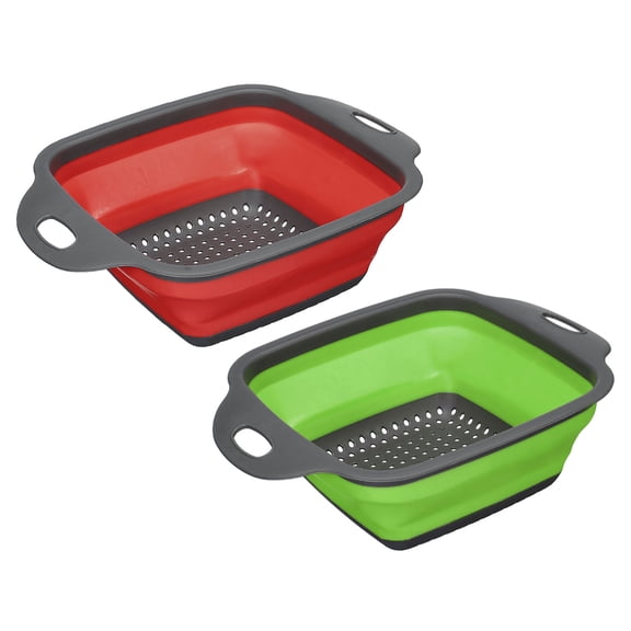 Unique Bargains Collapsible Colander Set 2 Size Silicone Square Foldable Strainer for Pasta, Vegetables, Fruits - Red Green Small