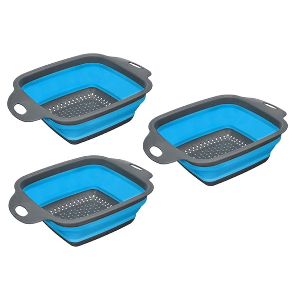 Unique Bargains Collapsible Food Colander Set Silicone Square Foldable Strainer Blue