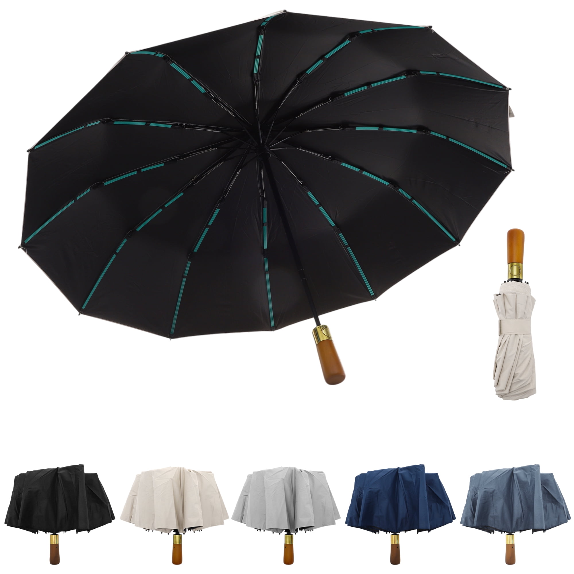 Unique Bargains Collapsible Windproof Folding Umbrella with Wooden Handle Beige