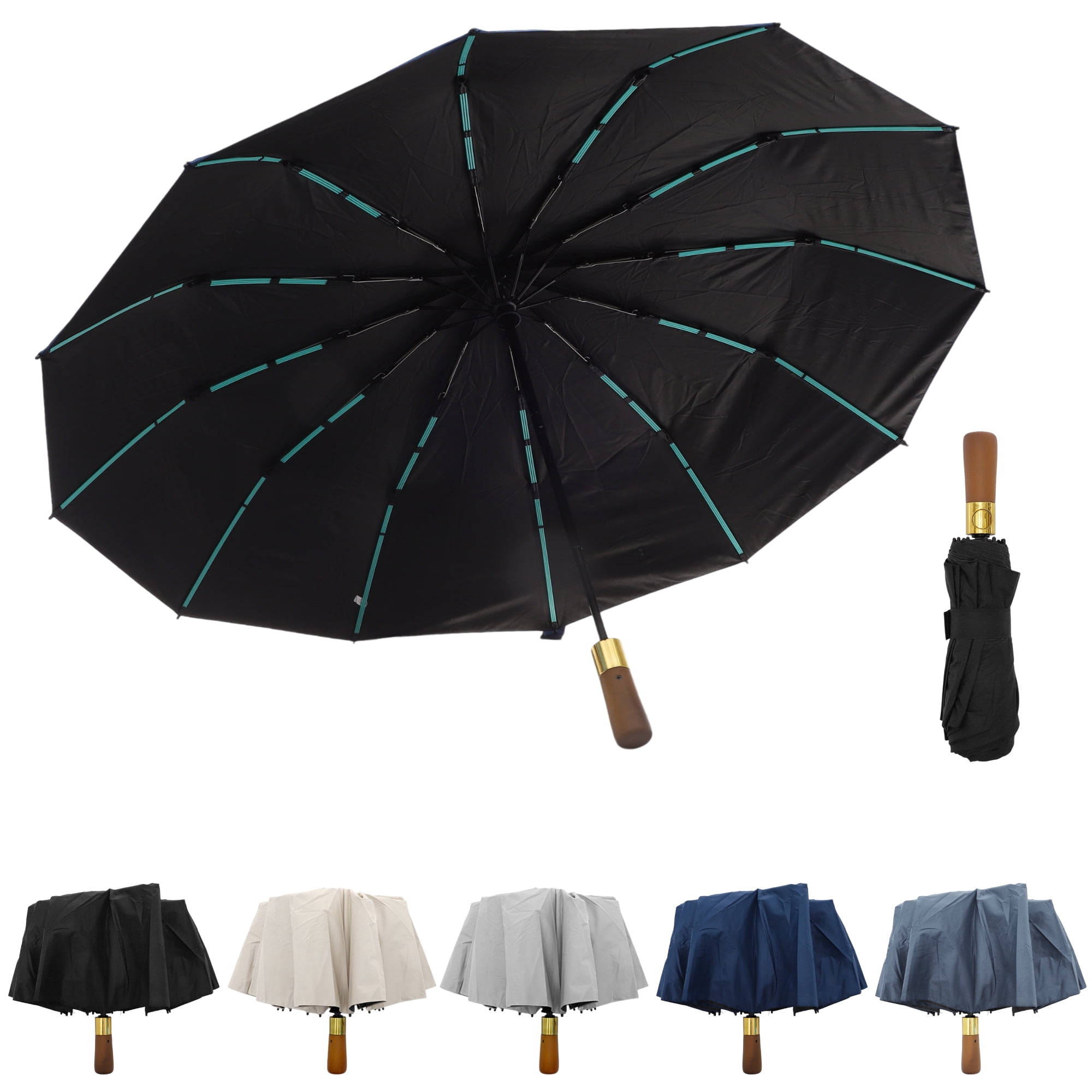 Unique Bargains Collapsible Windproof Folding Umbrella with Wooden Handle Black