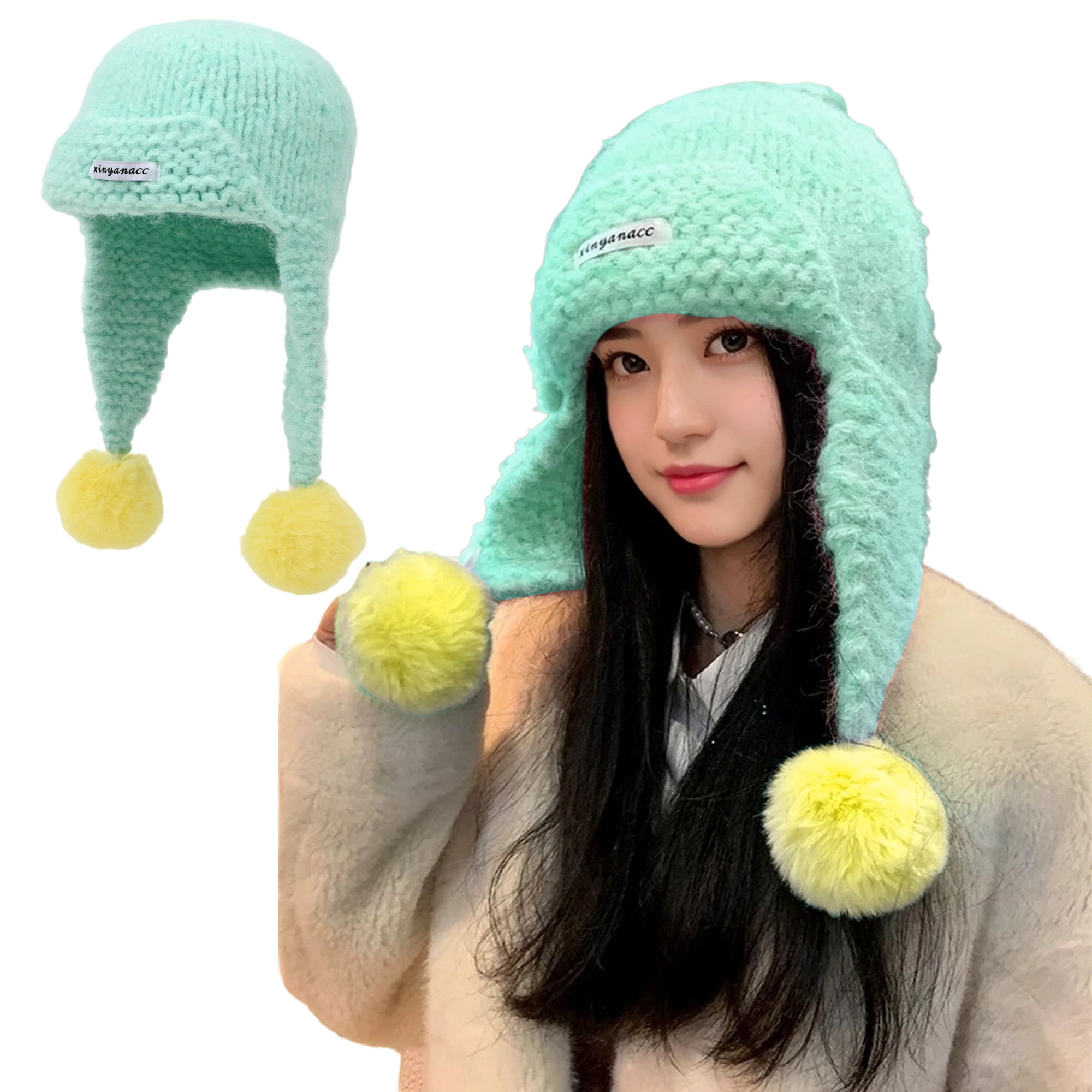 Unique Bargains Color Block Knit Hat Soft Thick Cold Weather Hats Cyan