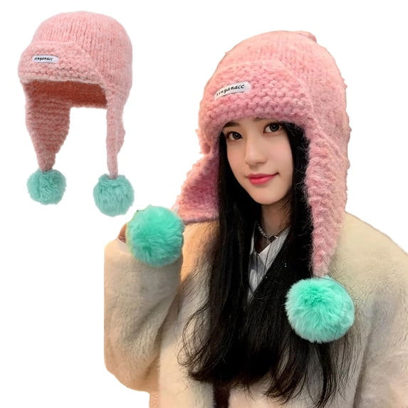 Unique Bargains Color Block Knit Hat Soft Thick Cold Weather Hats Pink