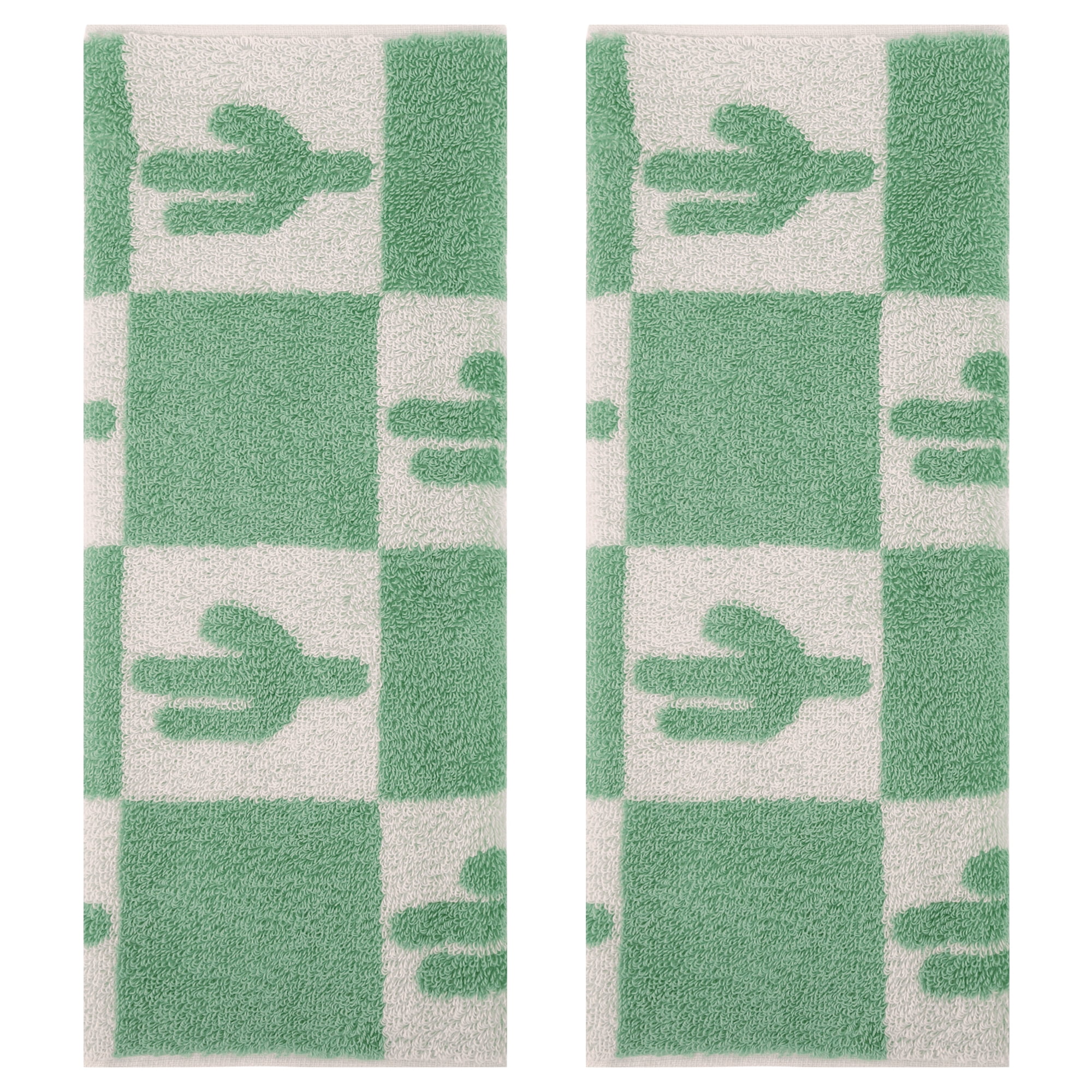 Unique Bargains Color Block Plaid Cotton Bathroom Hand Towels Green-Coconut Tree 2-Piece