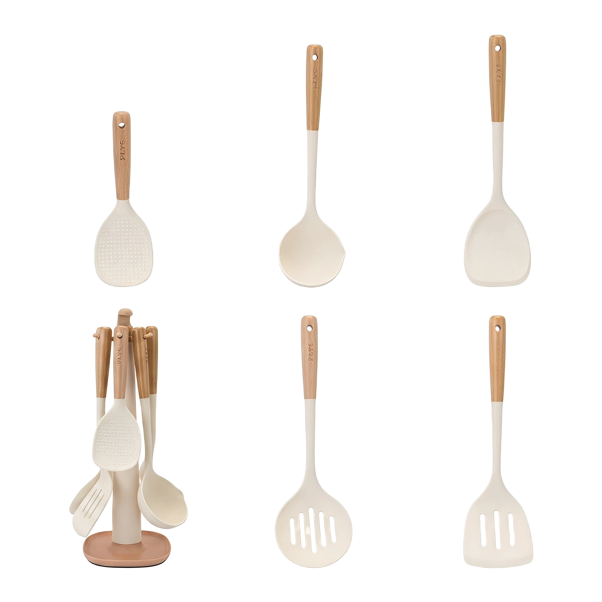 Unique Bargains Color-Blocked Round Holes Silicone Kitchen Utensil Set White 6pcs
