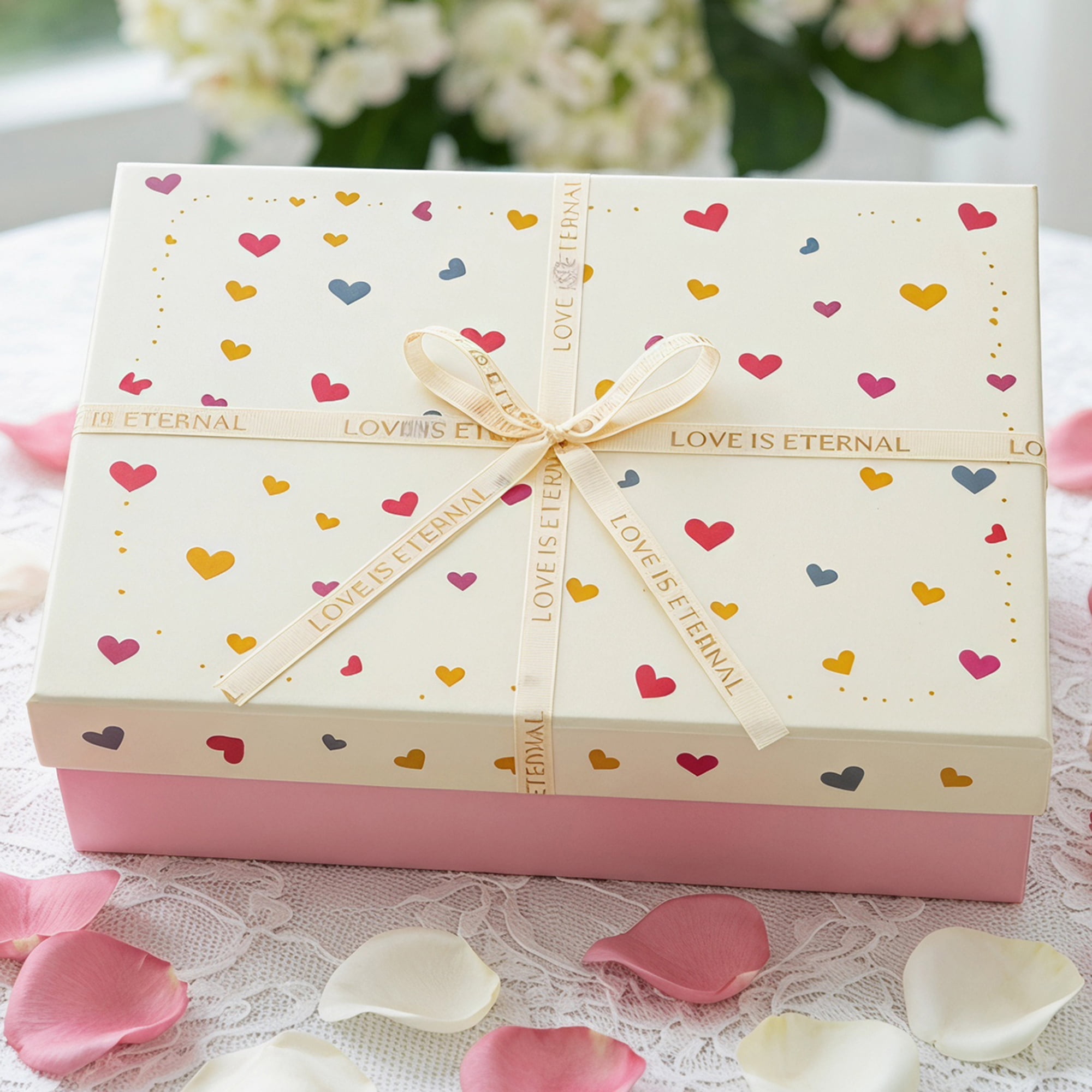Unique Bargains Colorful Heart Shaped Ribbon Versatile Gift Box Pink 11" x 7.9" x 3.5"