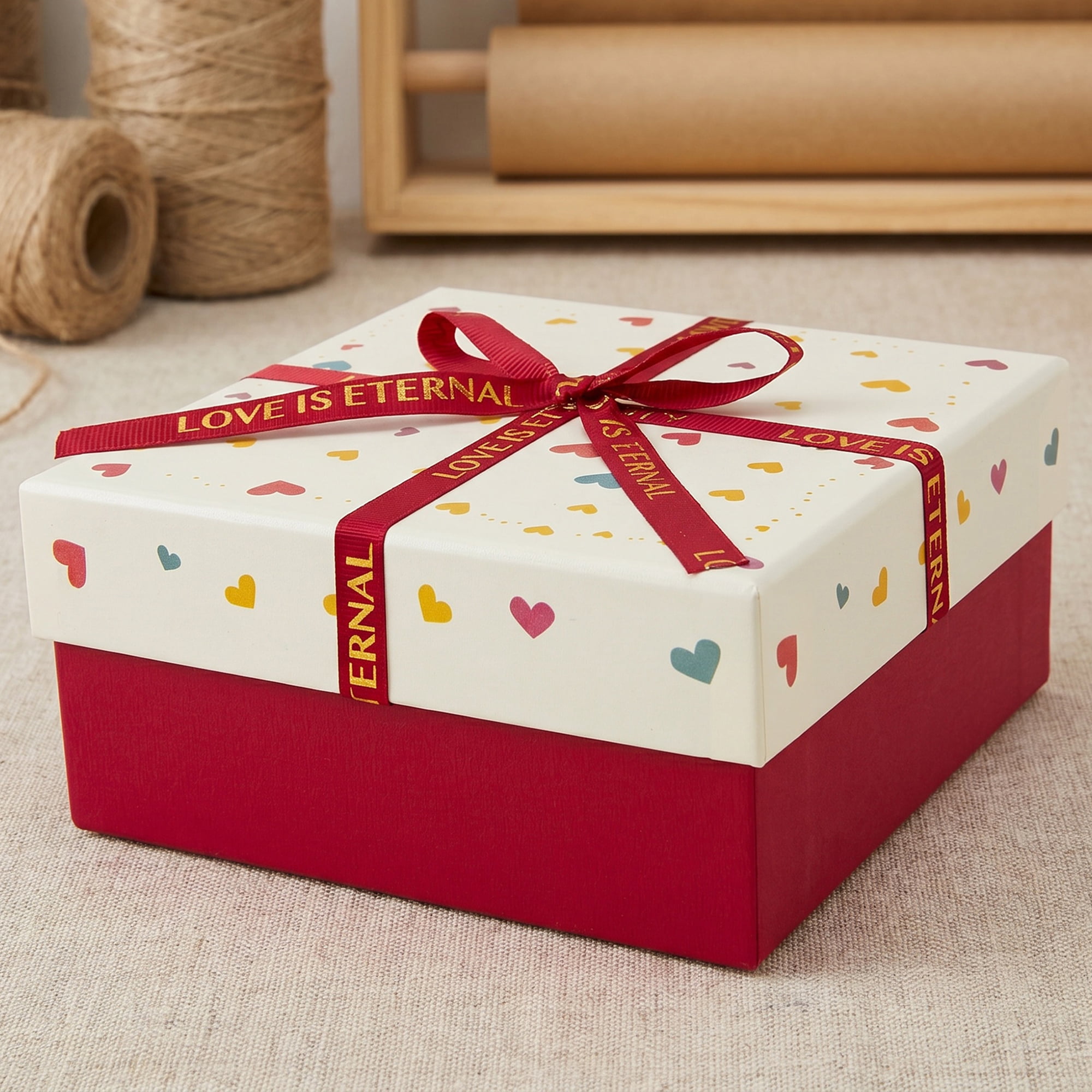 Unique Bargains Colorful Heart Shaped Ribbon Versatile Gift Box Red 5.9" x 5.9" x 2.8"