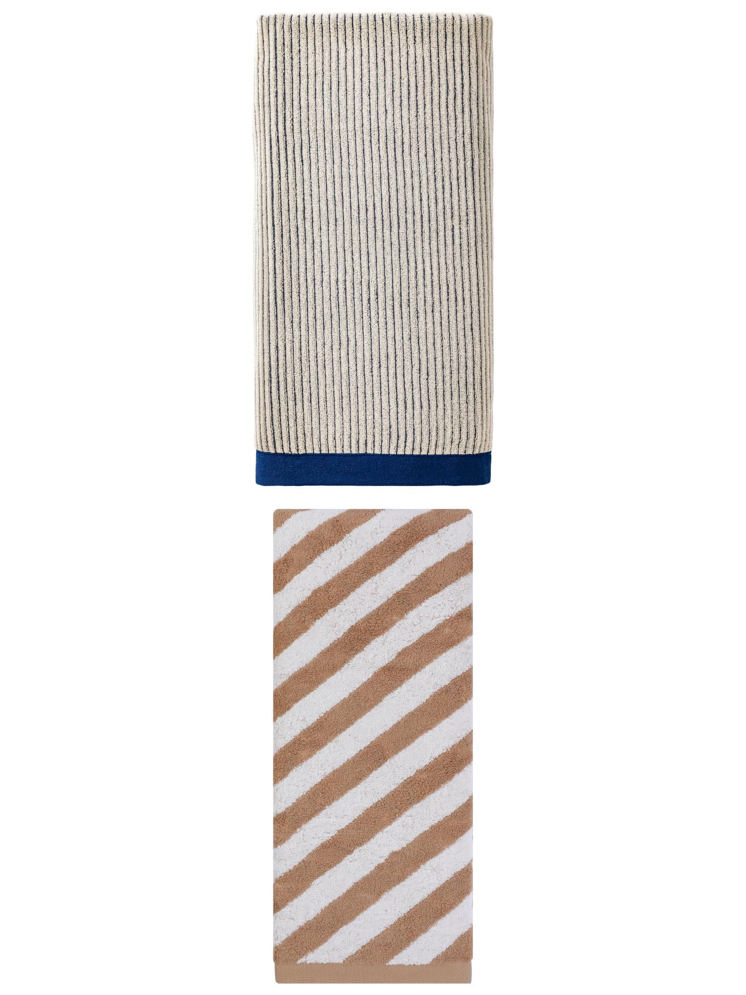 Unique Bargains Comfortable Fluffy High Absorbency Pure Cotton Striped Bath Towel 2 Pack Blue/Brown 55" x 28"