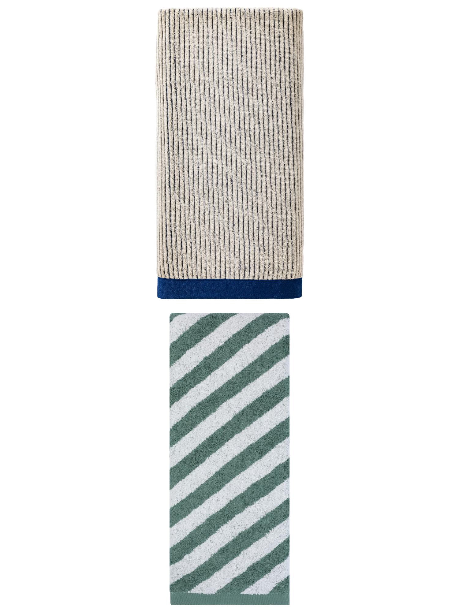 Unique Bargains Comfortable Fluffy High Absorbency Pure Cotton Striped Bath Towel 2 Pack Blue/Green 55" x 28"