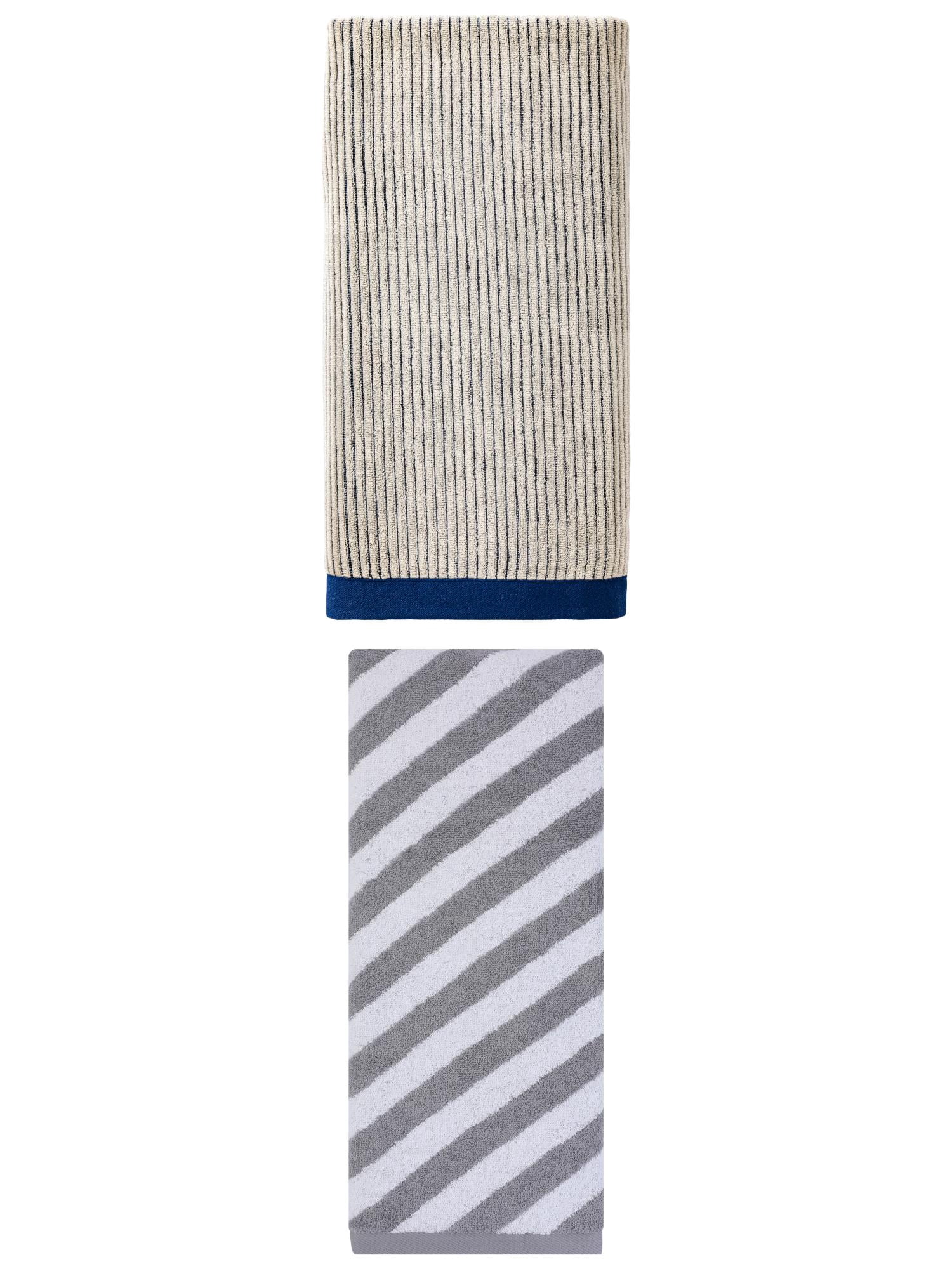 Unique Bargains Comfortable Fluffy High Absorbency Pure Cotton Striped Bath Towel 2 Pack Blue/Grey 55" x 28"