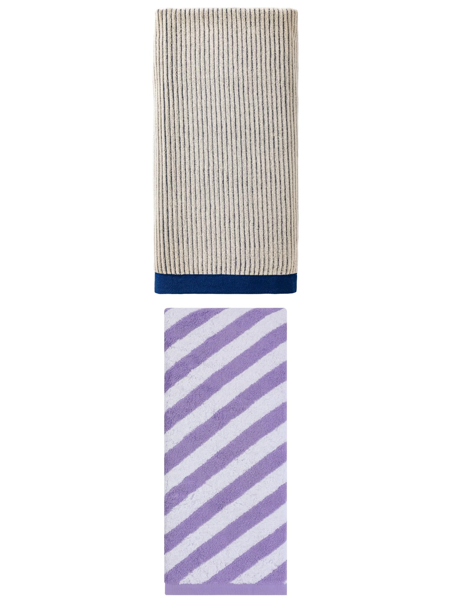 Unique Bargains Comfortable Fluffy High Absorbency Pure Cotton Striped Bath Towel 2 Pack Blue/Purple 55" x 28"