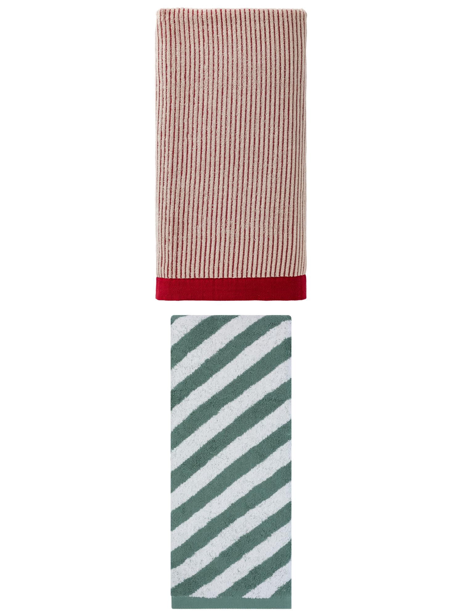 Unique Bargains Comfortable Fluffy High Absorbency Pure Cotton Striped Bath Towel 2 Pack Red/Green 55" x 28"