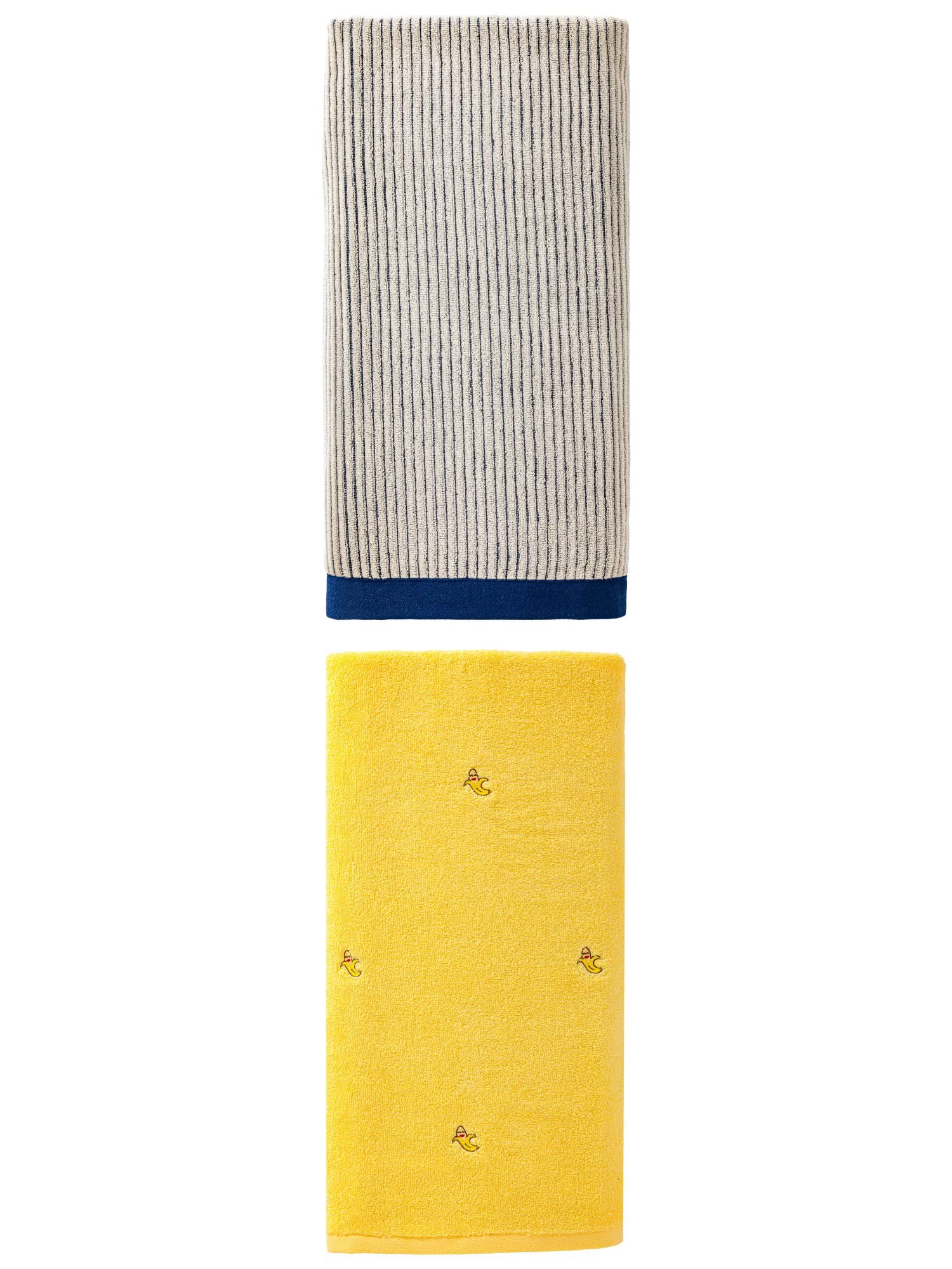 Unique Bargains Comfortable Superior Cotton Bath Towel 2 Pack Blue/Banana Yellow 55" x 28"