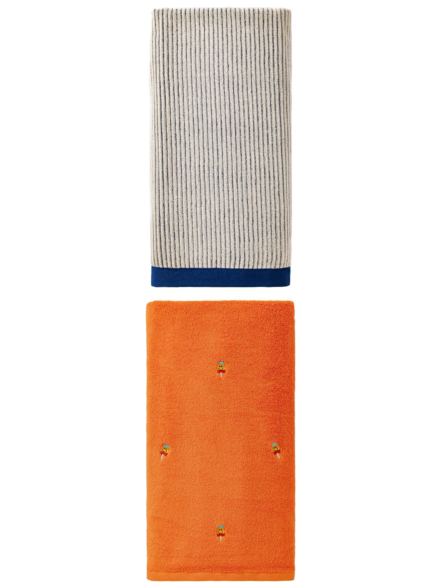 Unique Bargains Comfortable Superior Cotton Bath Towel 2 Pack Blue/Orange 55"x28"